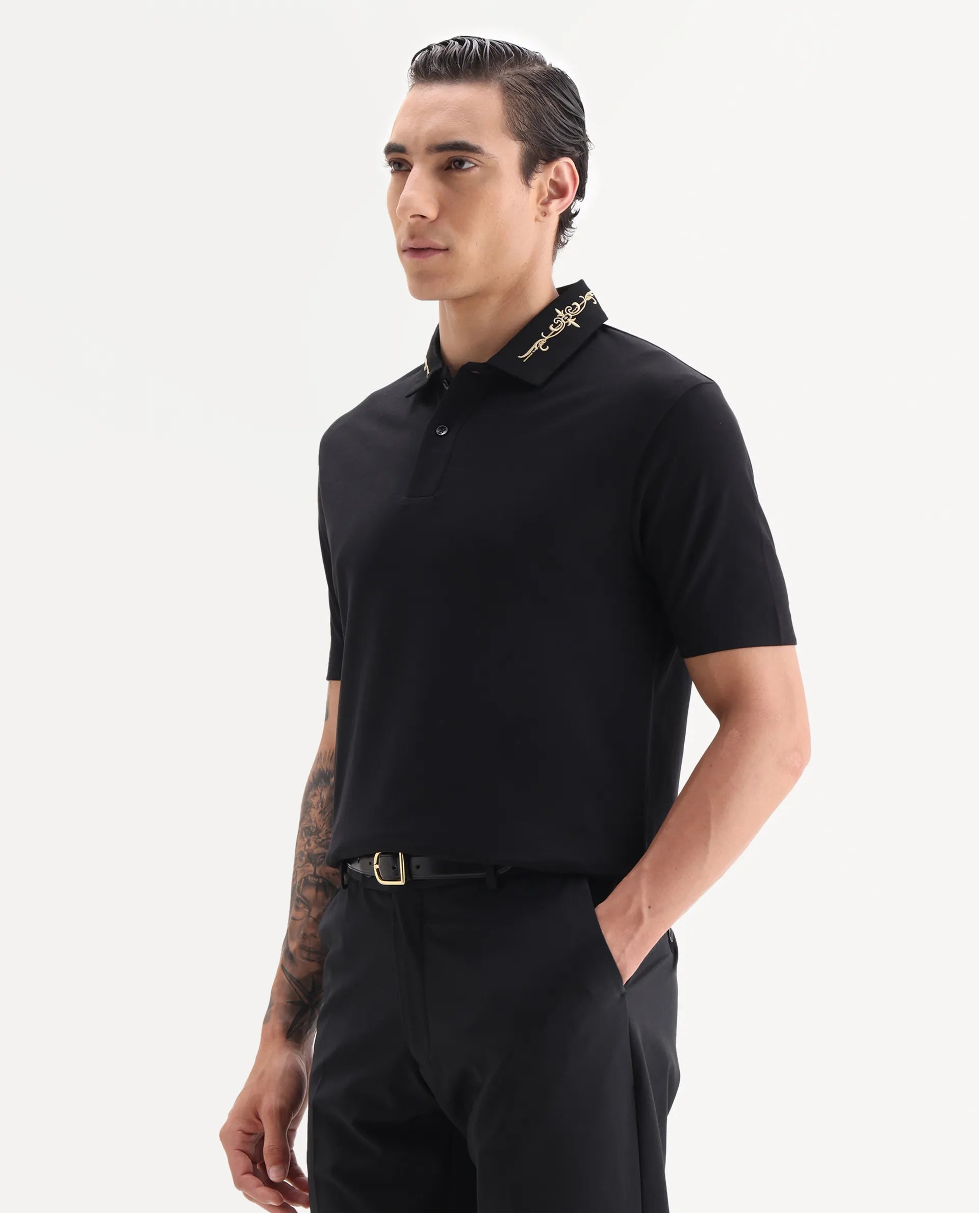 Rare Rabbit Men's Trak Black Cotton Blend Fabric Half Sleeve Spread Collar Embroidered Polo