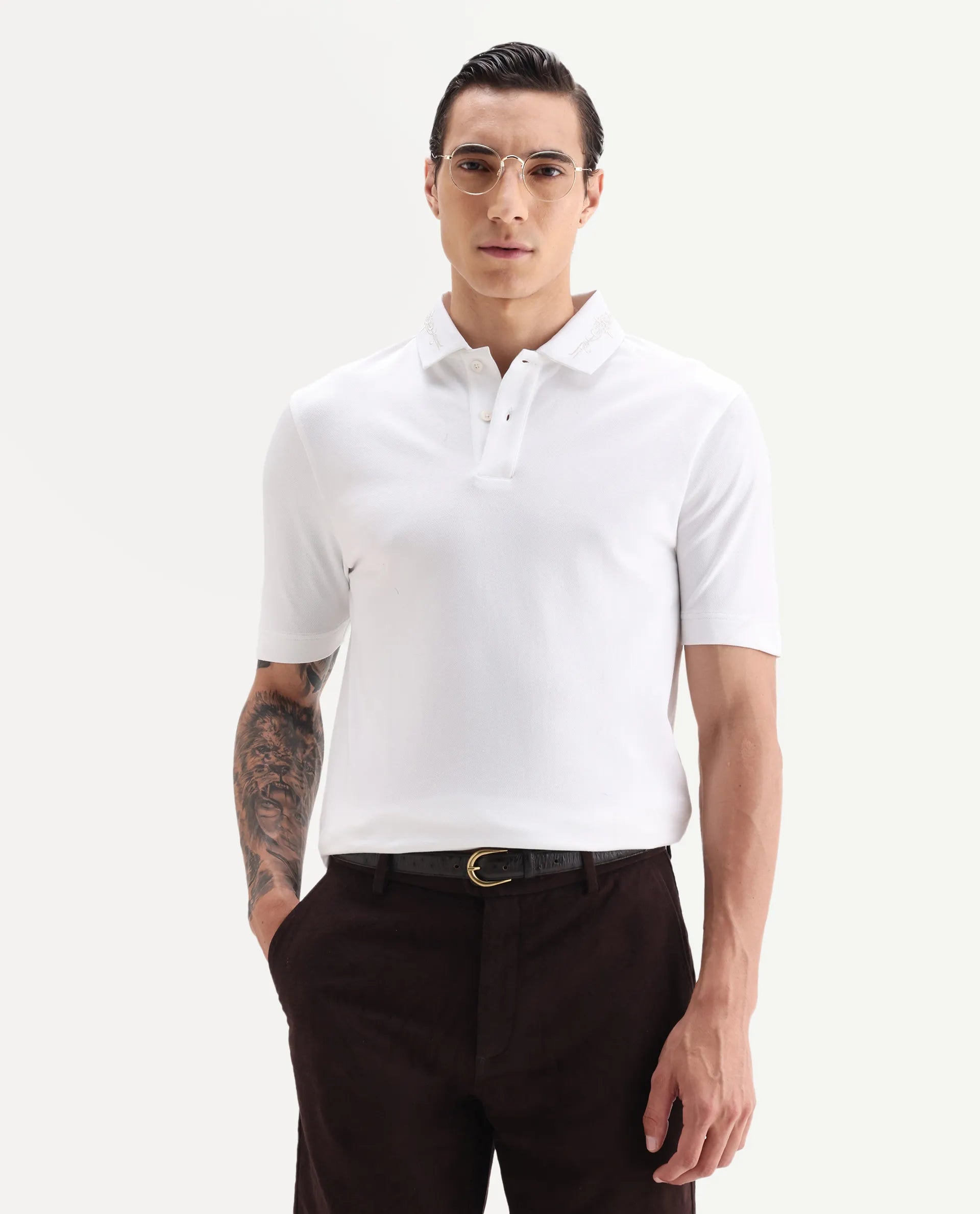 Rare Rabbit Men's Trak White Cotton Blend Fabric Half Sleeve Spread Collar Embroidered Polo