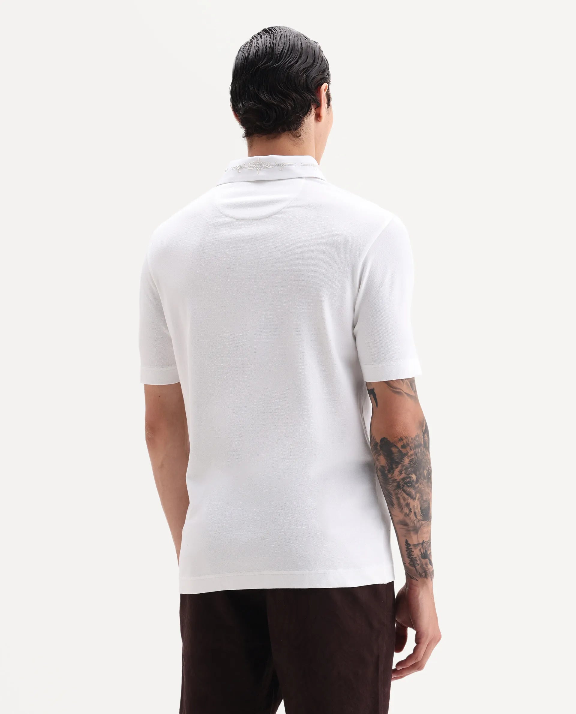 Rare Rabbit Men's Trak White Cotton Blend Fabric Half Sleeve Spread Collar Embroidered Polo