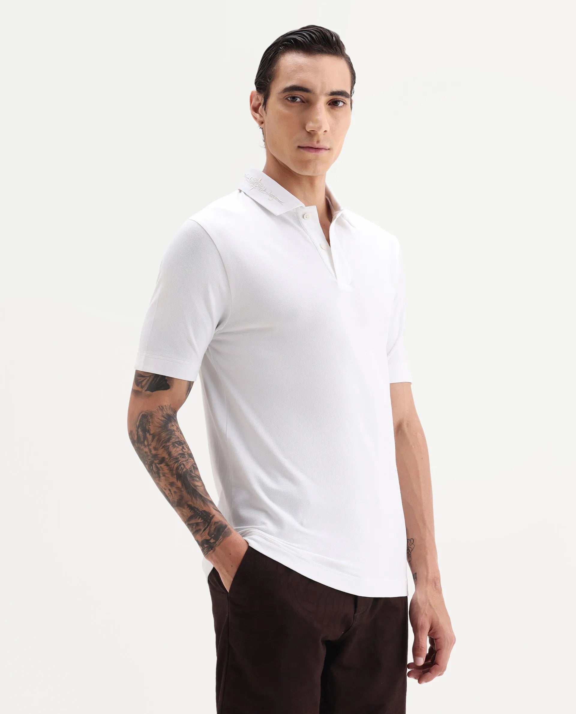 Rare Rabbit Men's Trak White Cotton Blend Fabric Half Sleeve Spread Collar Embroidered Polo