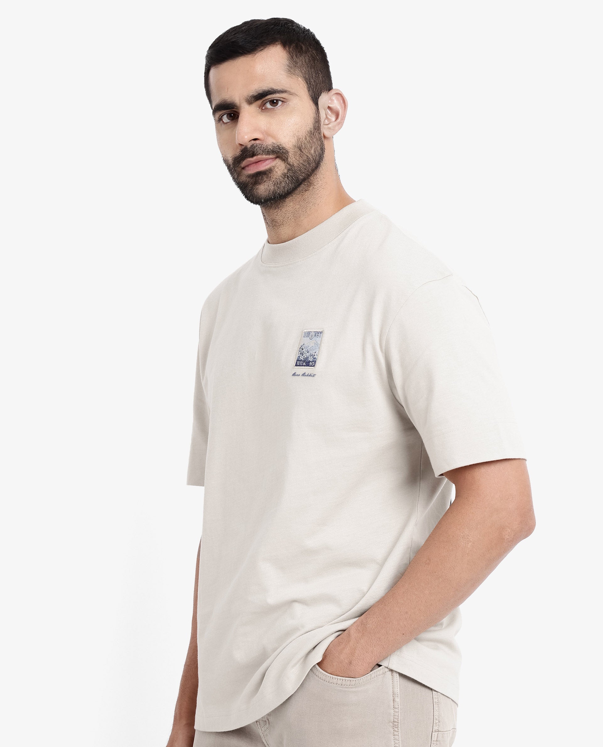 Rare Rabbit Men Trams Beige Cotton Fabric Short Sleeve Crew Neck Oversized Fit Graphic Print T-Shirt