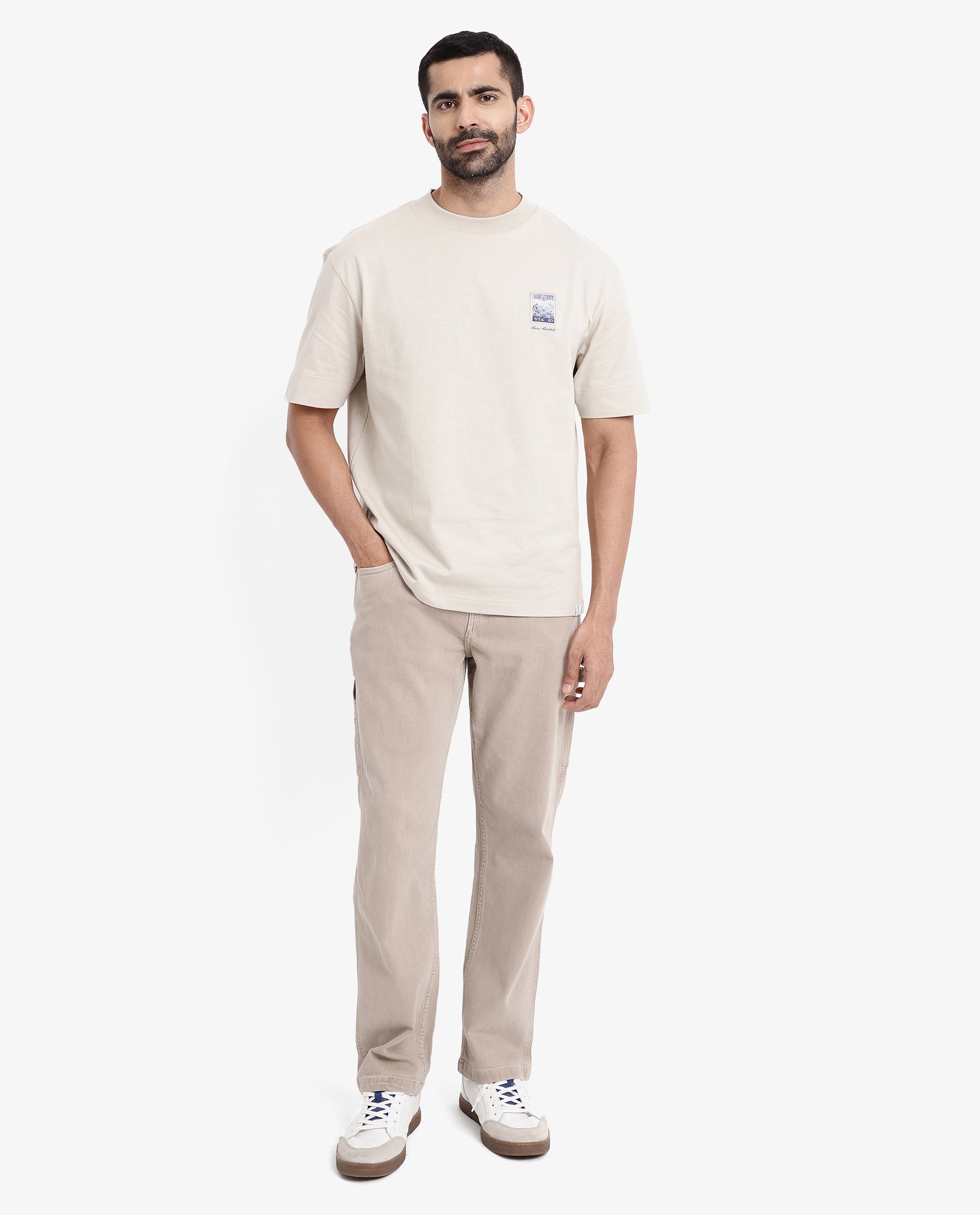 Rare Rabbit Men Trams Beige Cotton Fabric Short Sleeve Crew Neck Oversized Fit Graphic Print T-Shirt