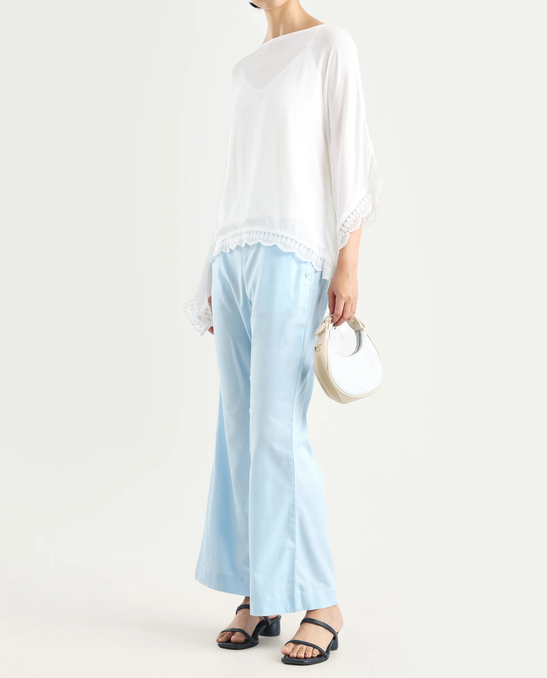 Rareism Women's Trani Light Blue Cotton Blend Plain Ankle Length Wide Leg Trouser