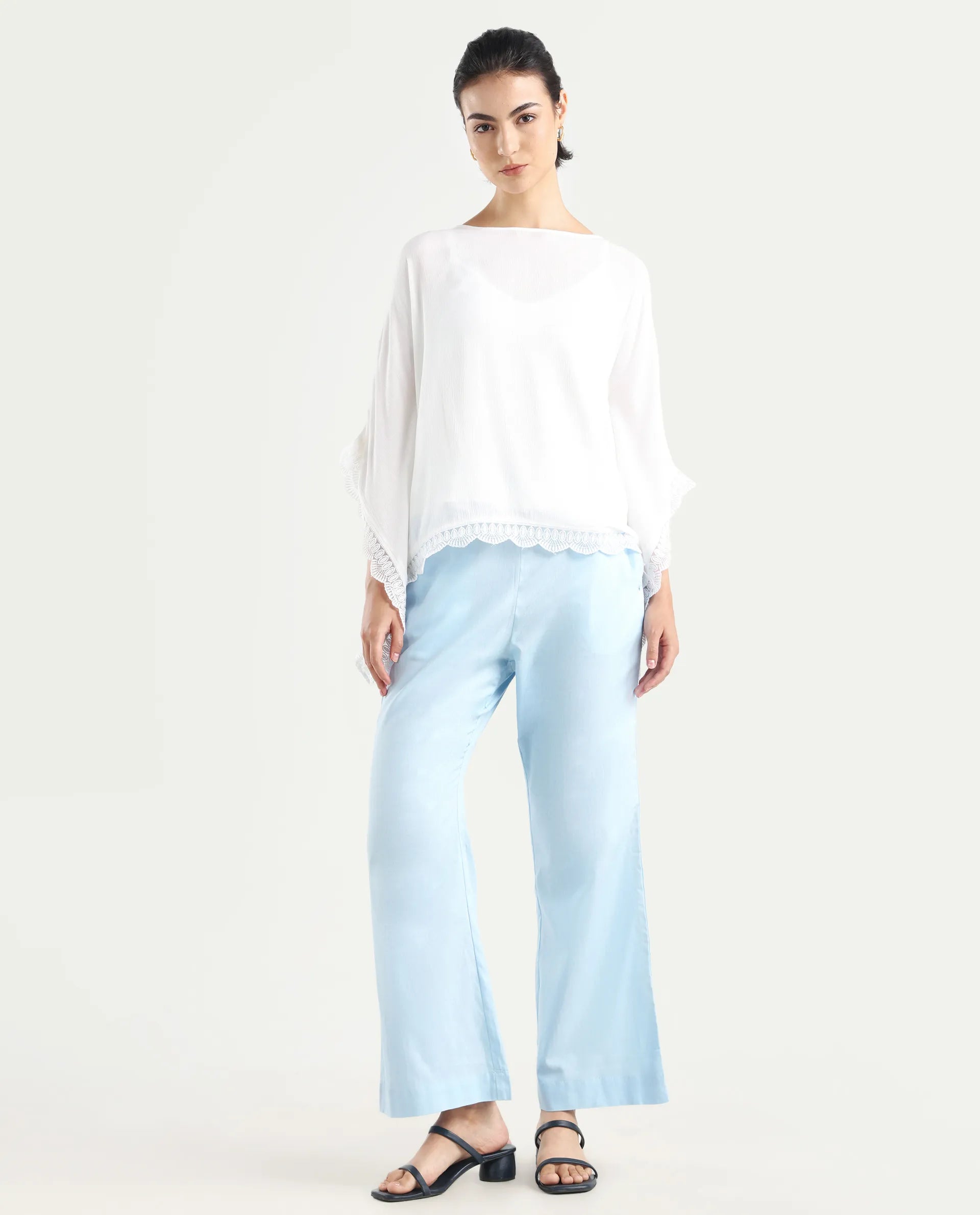 Rareism Women's Trani Light Blue Cotton Blend Plain Ankle Length Wide Leg Trouser