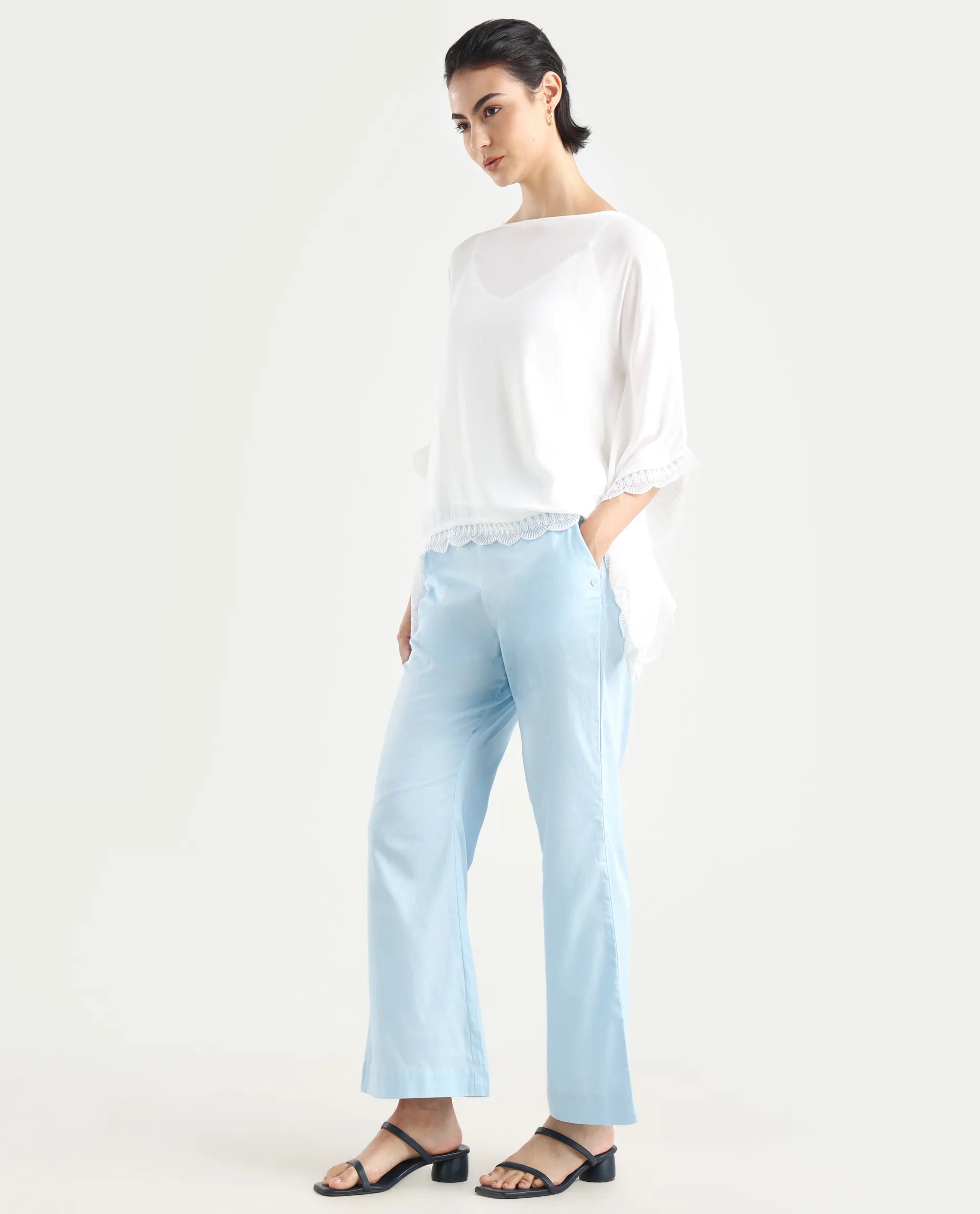 Rareism Women's Trani Light Blue Cotton Blend Plain Ankle Length Wide Leg Trouser
