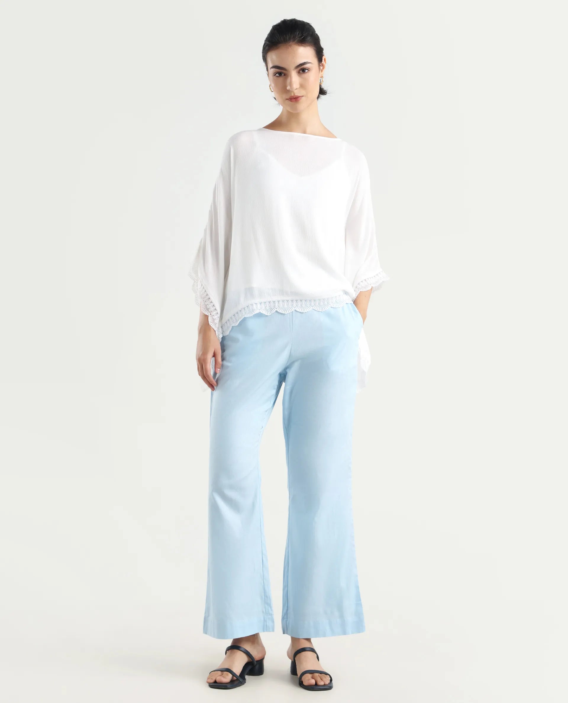 Rareism Women's Trani Light Blue Cotton Blend Plain Ankle Length Wide Leg Trouser