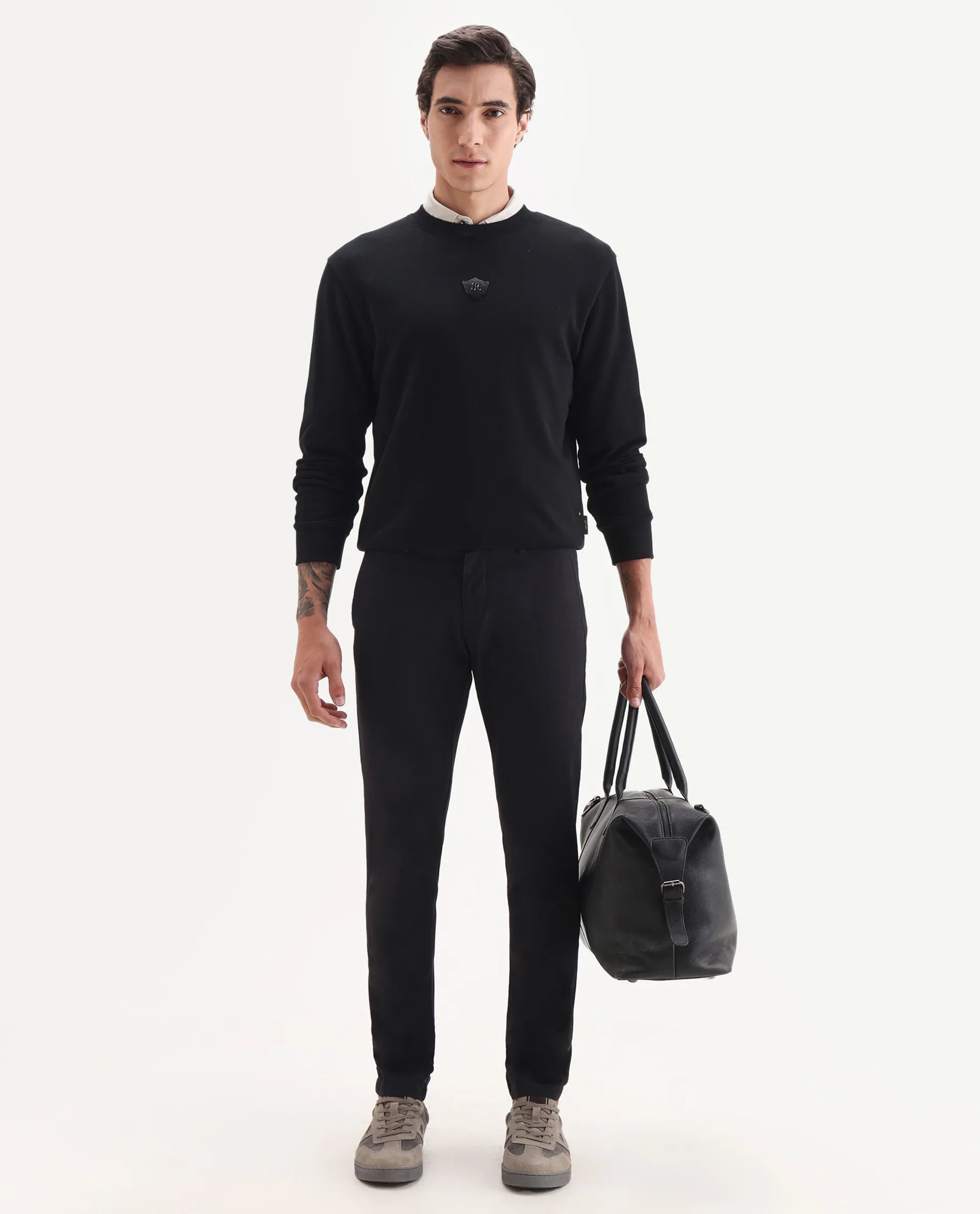 Rare Rabbit Men's Trans Black Cotton Plain Regular Fit Trouser