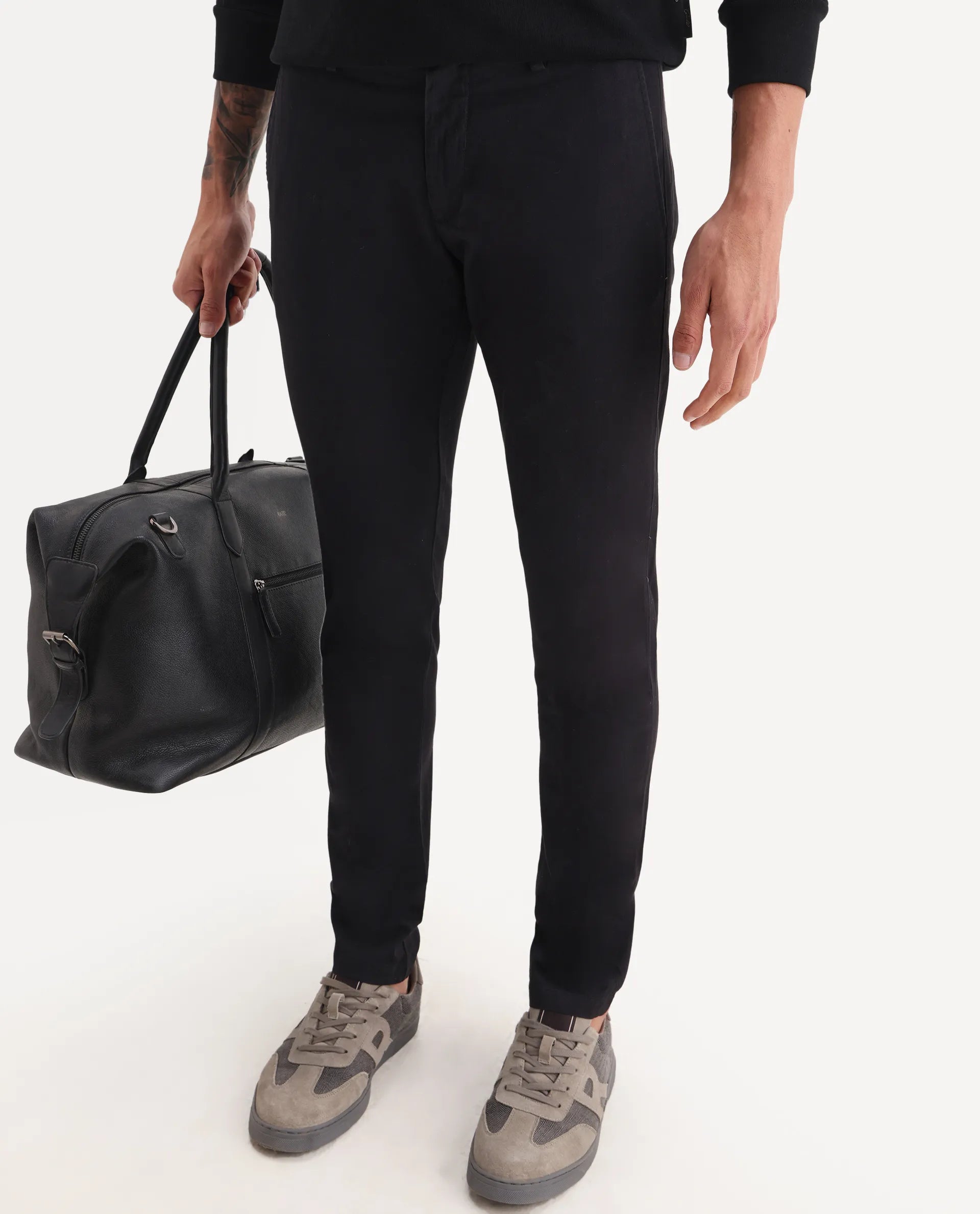 Rare Rabbit Men's Trans Black Cotton Plain Regular Fit Trouser