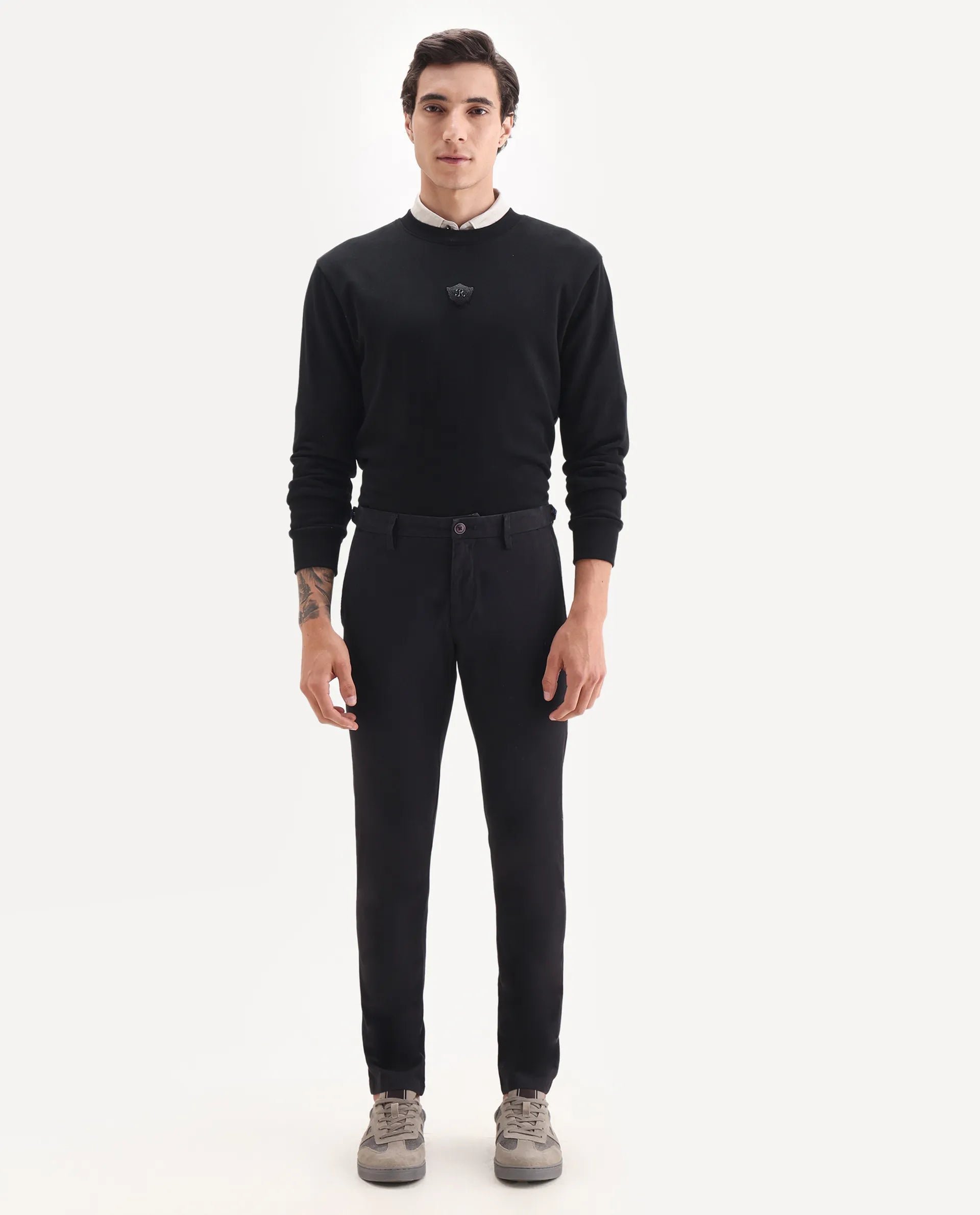 Rare Rabbit Men's Trans Black Cotton Plain Regular Fit Trouser