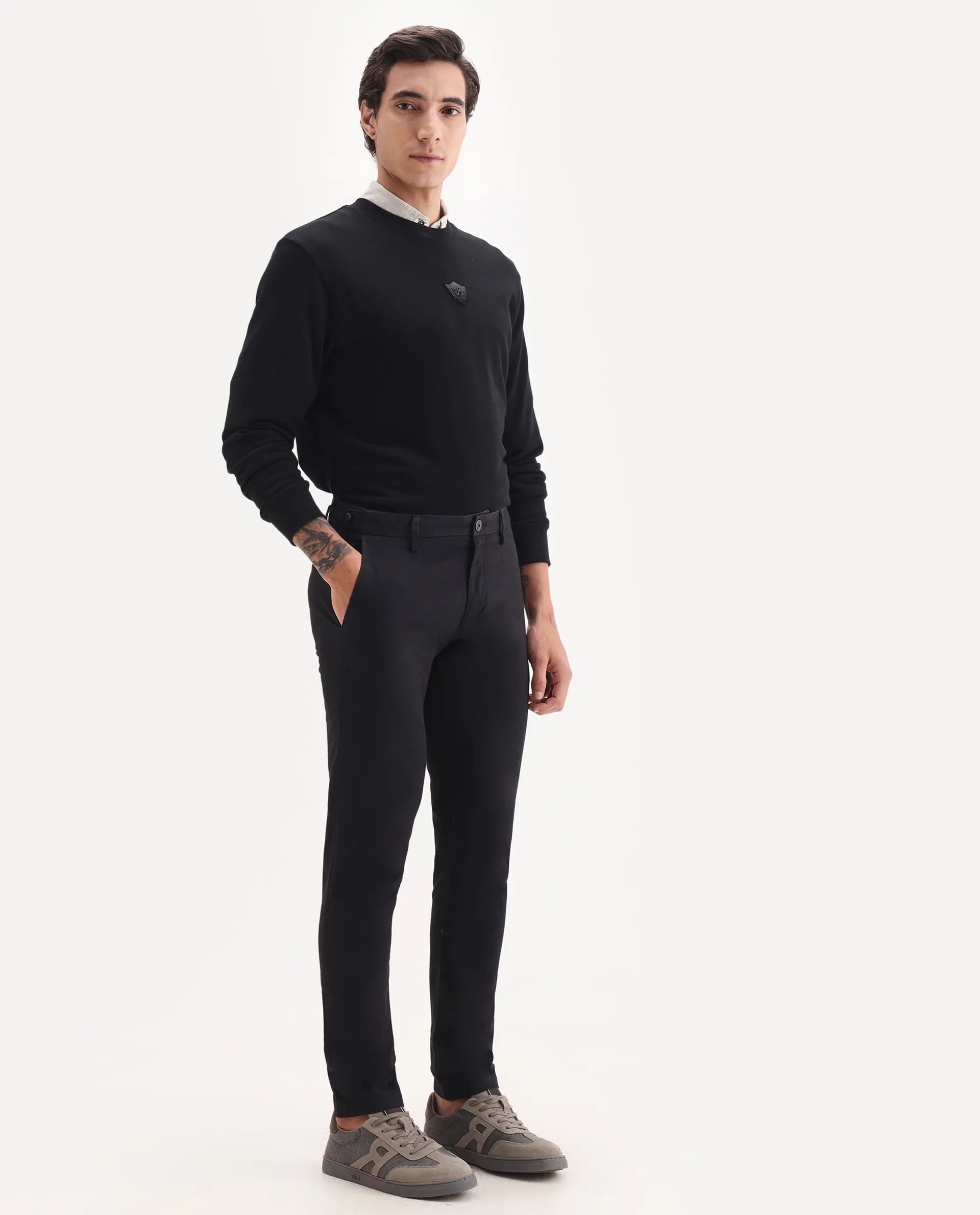 Rare Rabbit Men's Trans Black Cotton Plain Regular Fit Trouser