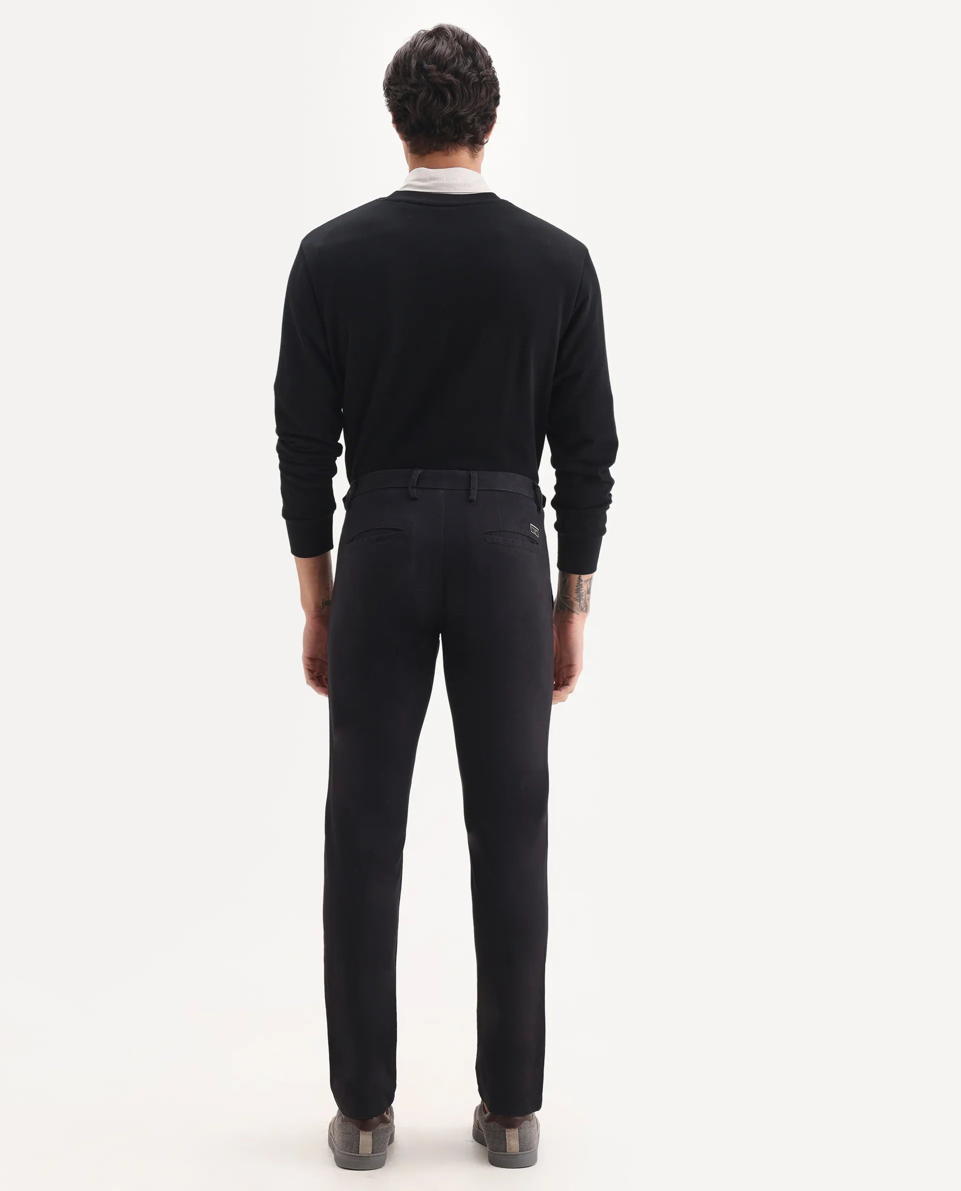 Rare Rabbit Men's Trans Black Cotton Plain Regular Fit Trouser