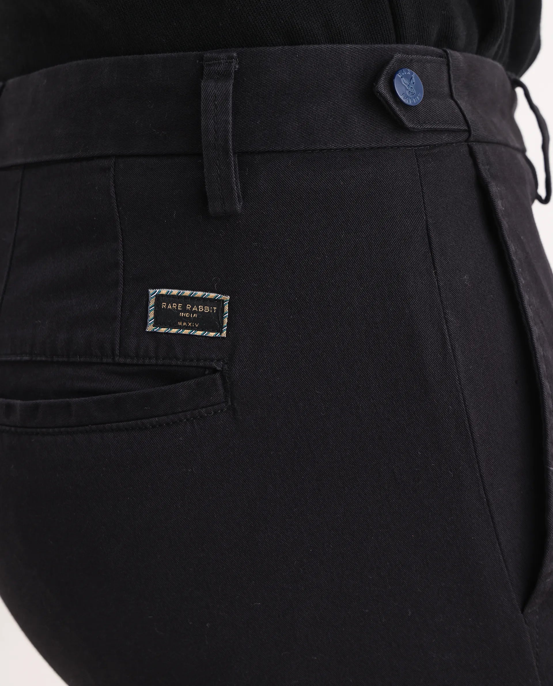 Rare Rabbit Men's Trans Black Cotton Plain Regular Fit Trouser