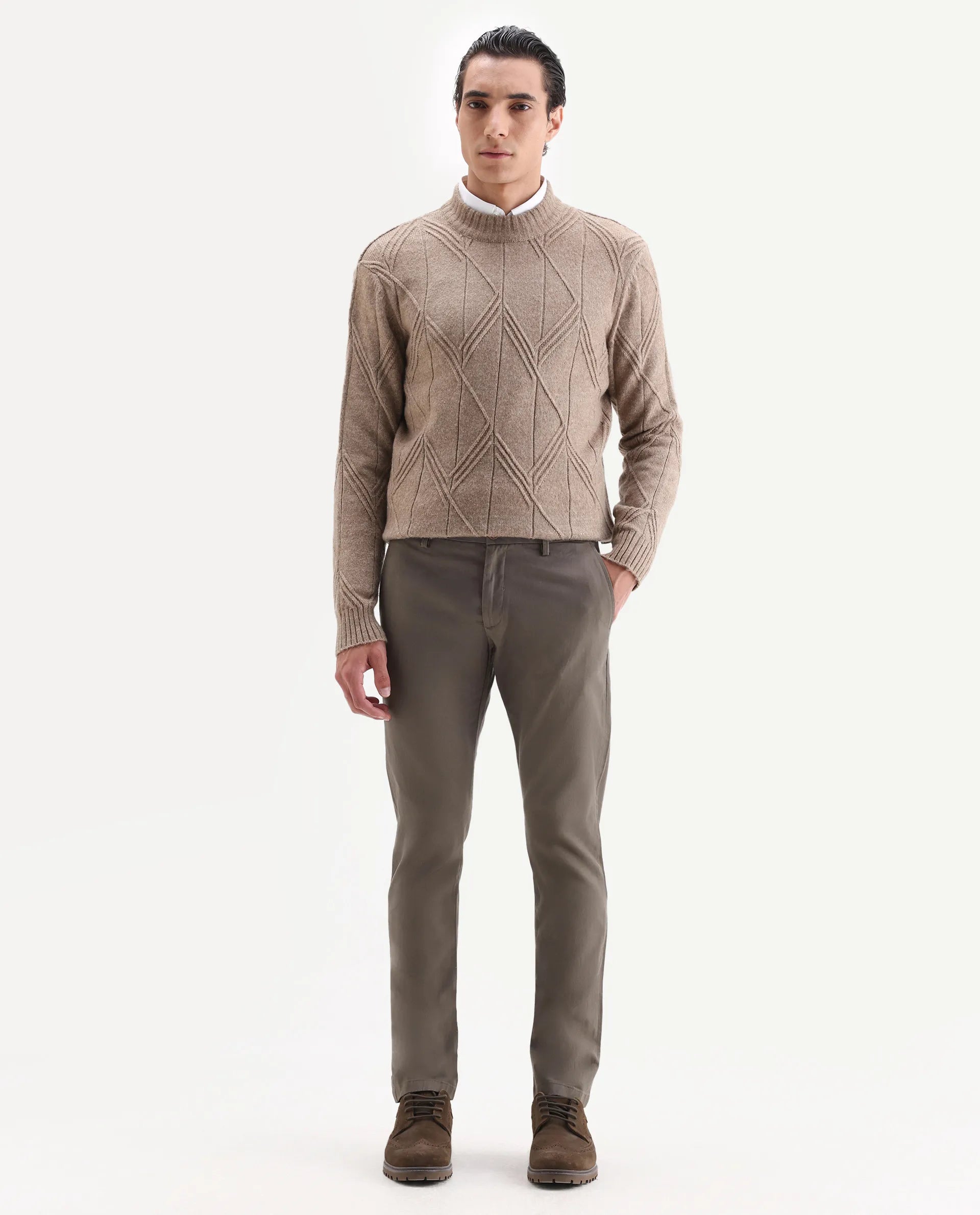 Rare Rabbit Men's Trans Khaki Cotton Plain Regular Fit Trouser