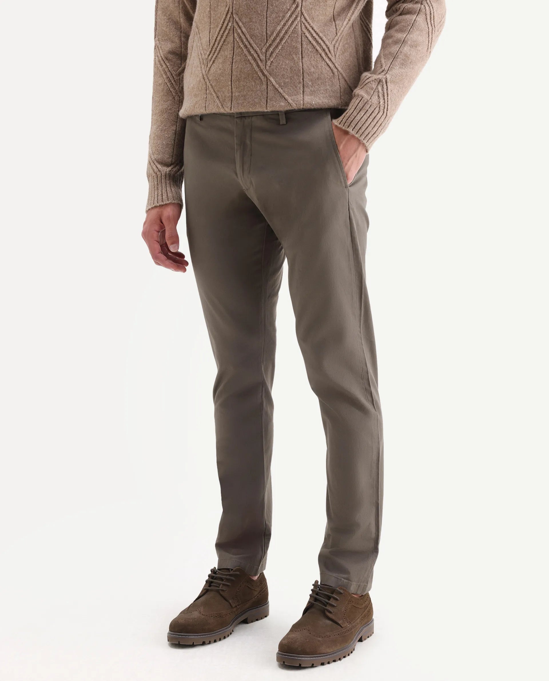 Rare Rabbit Men's Trans Khaki Cotton Plain Regular Fit Trouser