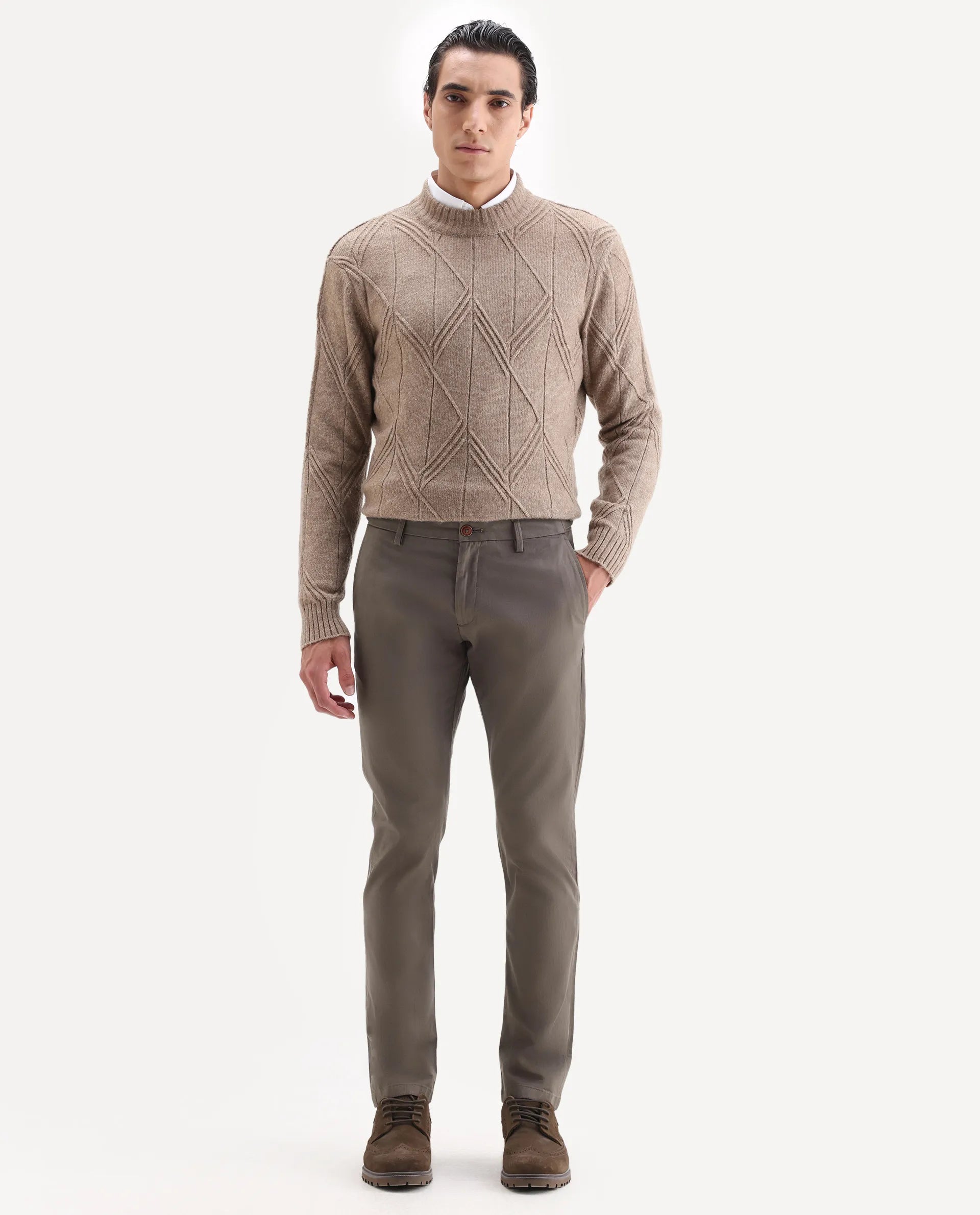 Rare Rabbit Men's Trans Khaki Cotton Plain Regular Fit Trouser