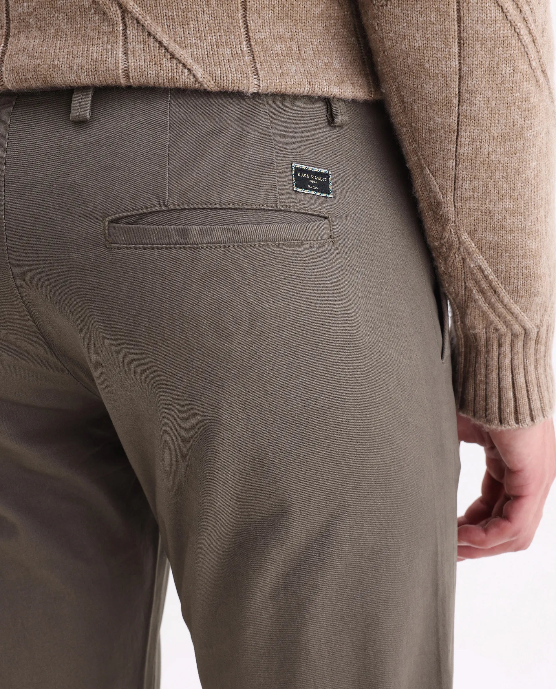 Rare Rabbit Men's Trans Khaki Cotton Plain Regular Fit Trouser