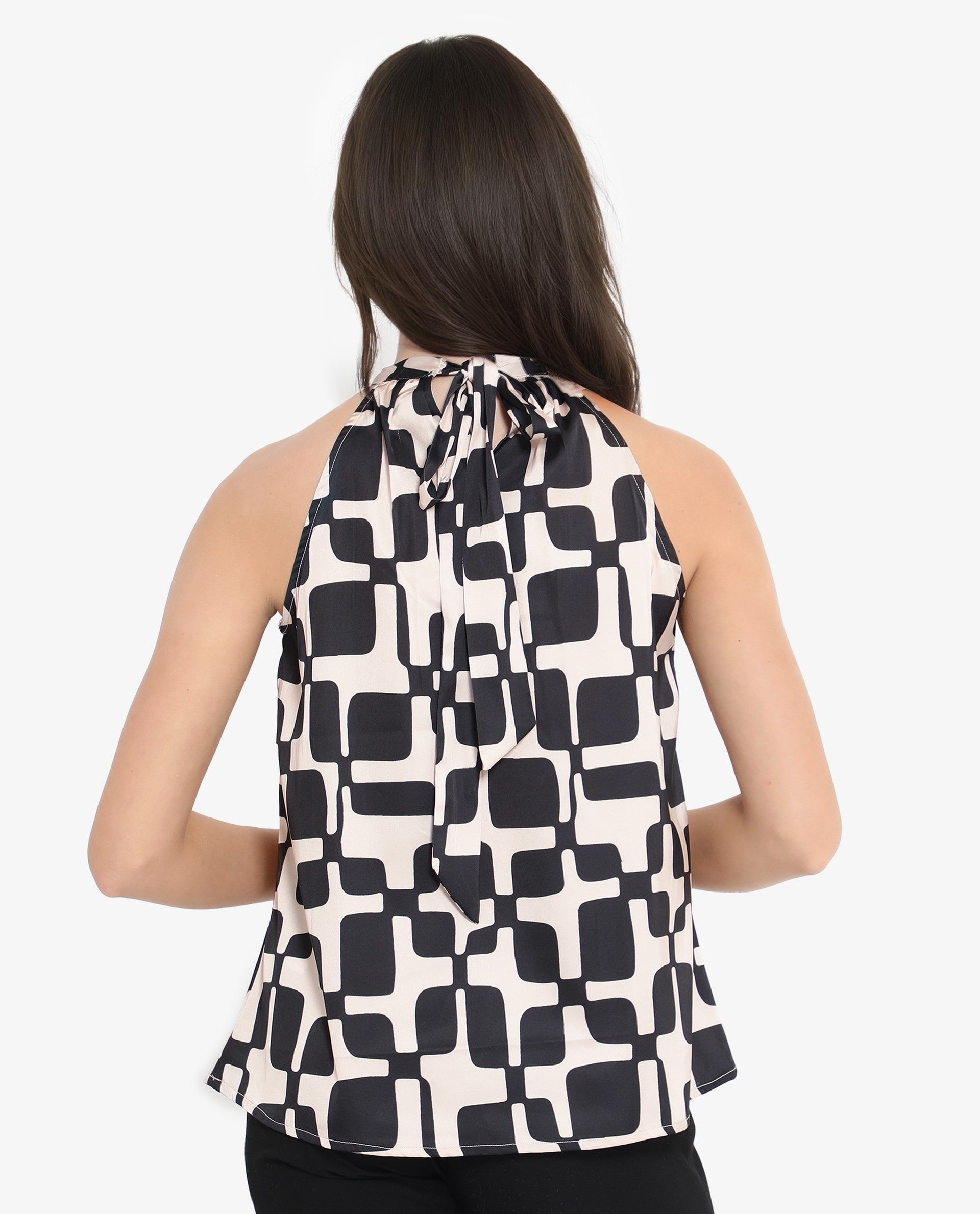 Rareism Women Trapani-SC Black Button Closure Sleeveless Halter Neck Geometric Print Top