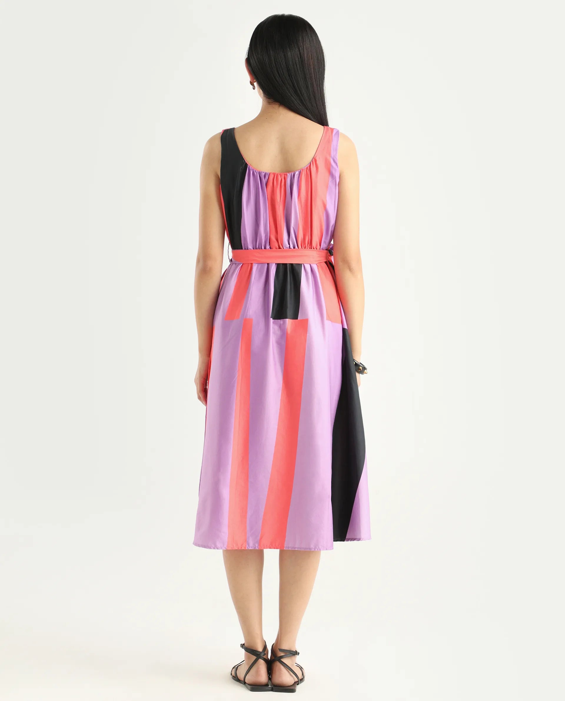 Rareism Women's Traut Purple Cotton Crew Neck Striped Sleeveless Knee Length Regular Fit Dress