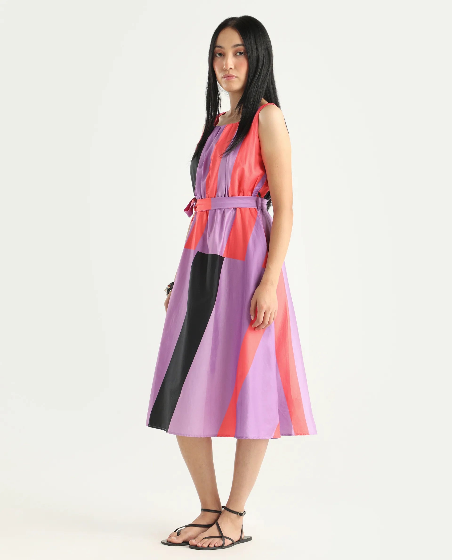 Rareism Women's Traut Purple Cotton Crew Neck Striped Sleeveless Knee Length Regular Fit Dress