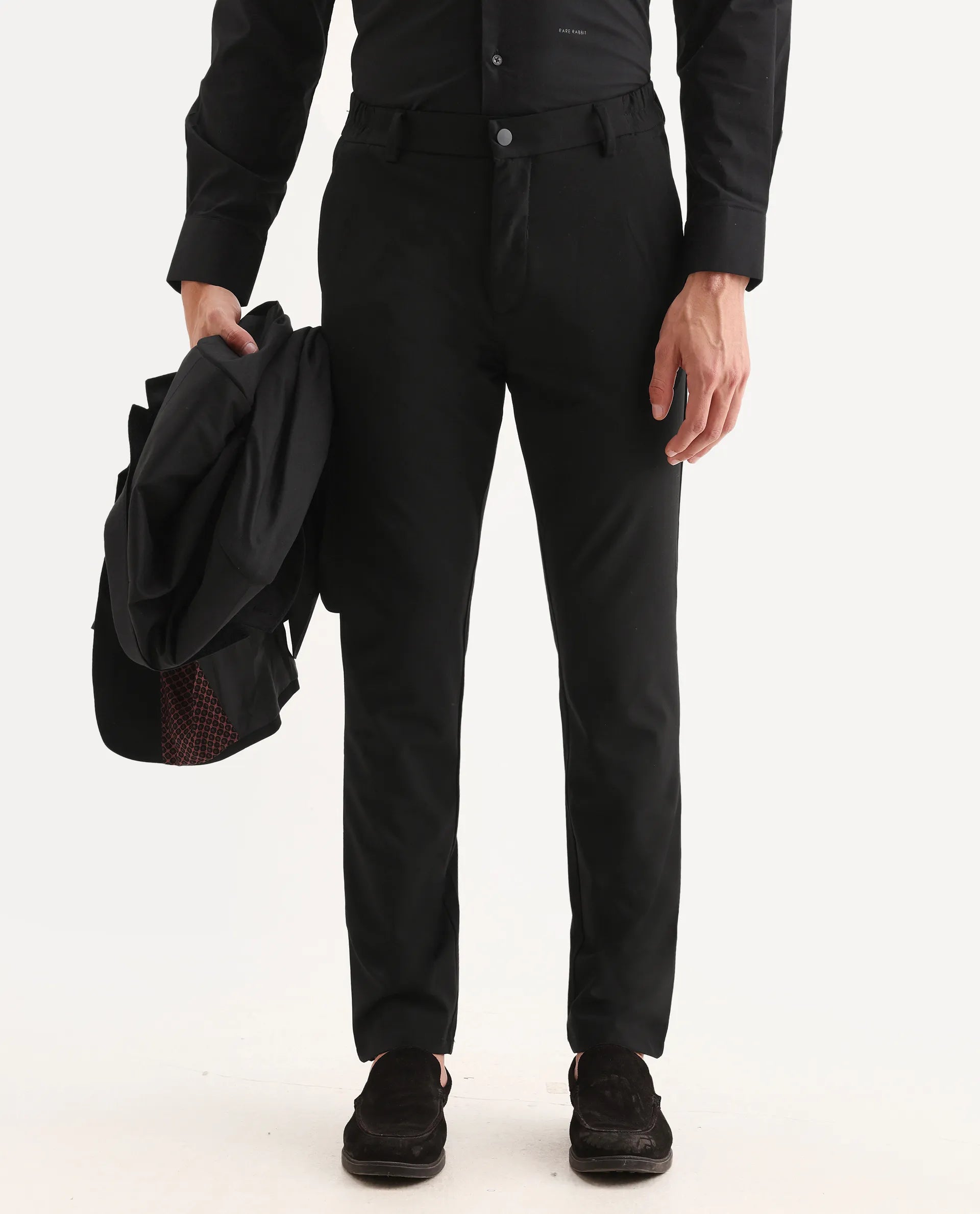 Rare Rabbit Men's Travel-11 Black Polyester Blend Plain Regular Fit Trouser