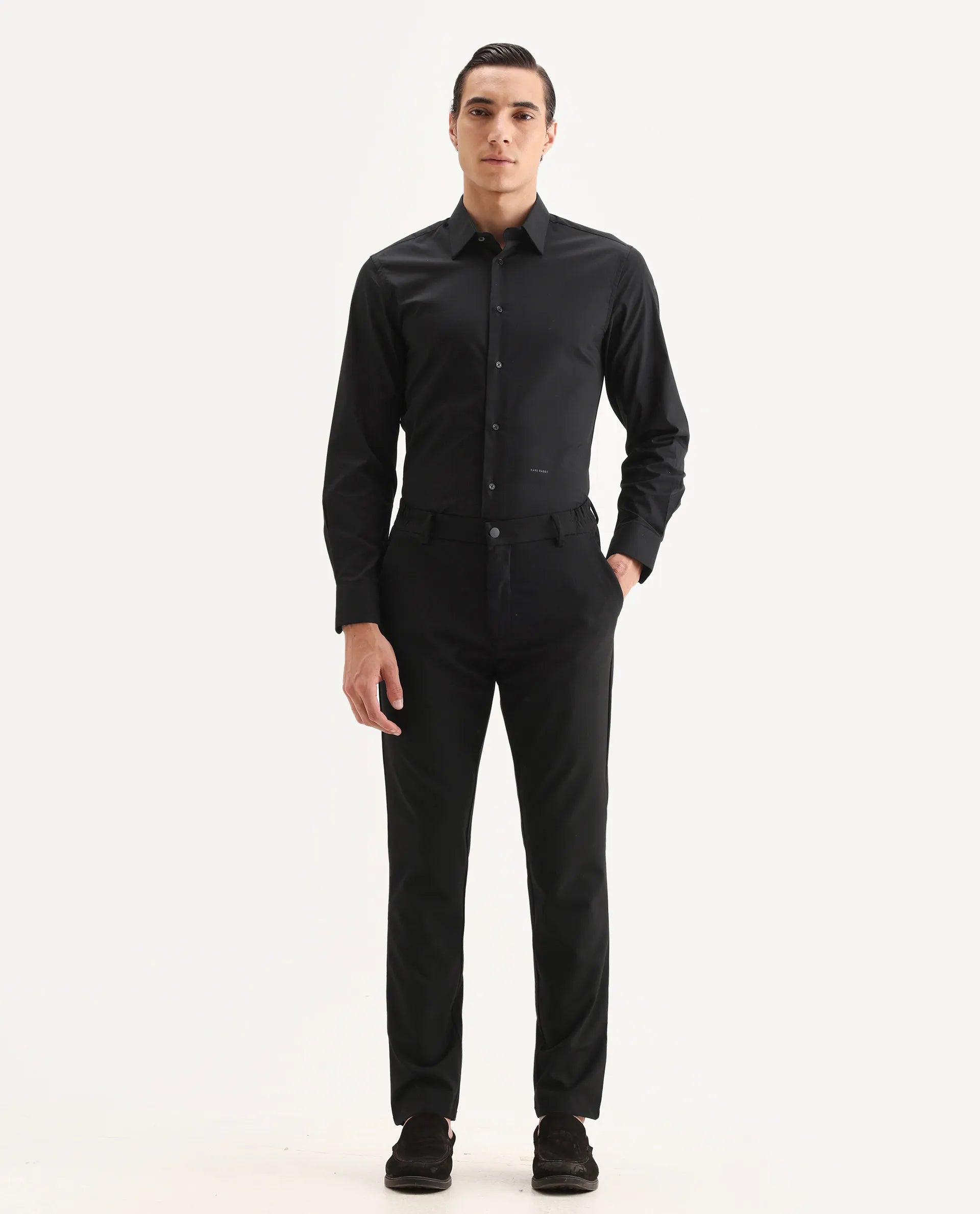Rare Rabbit Men's Travel-11 Black Polyester Blend Plain Regular Fit Trouser