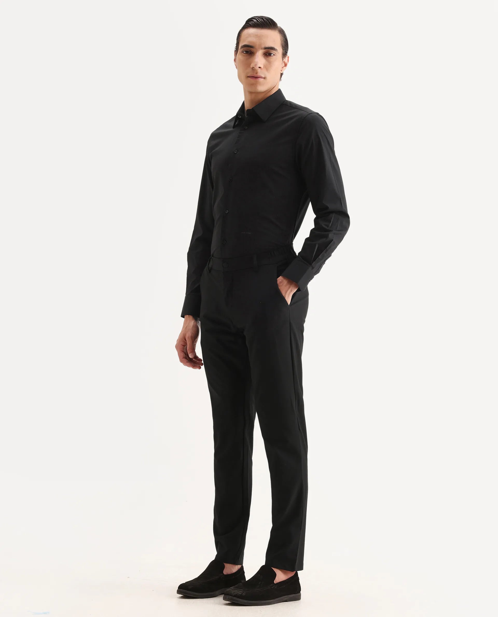 Rare Rabbit Men's Travel-11 Black Polyester Blend Plain Regular Fit Trouser