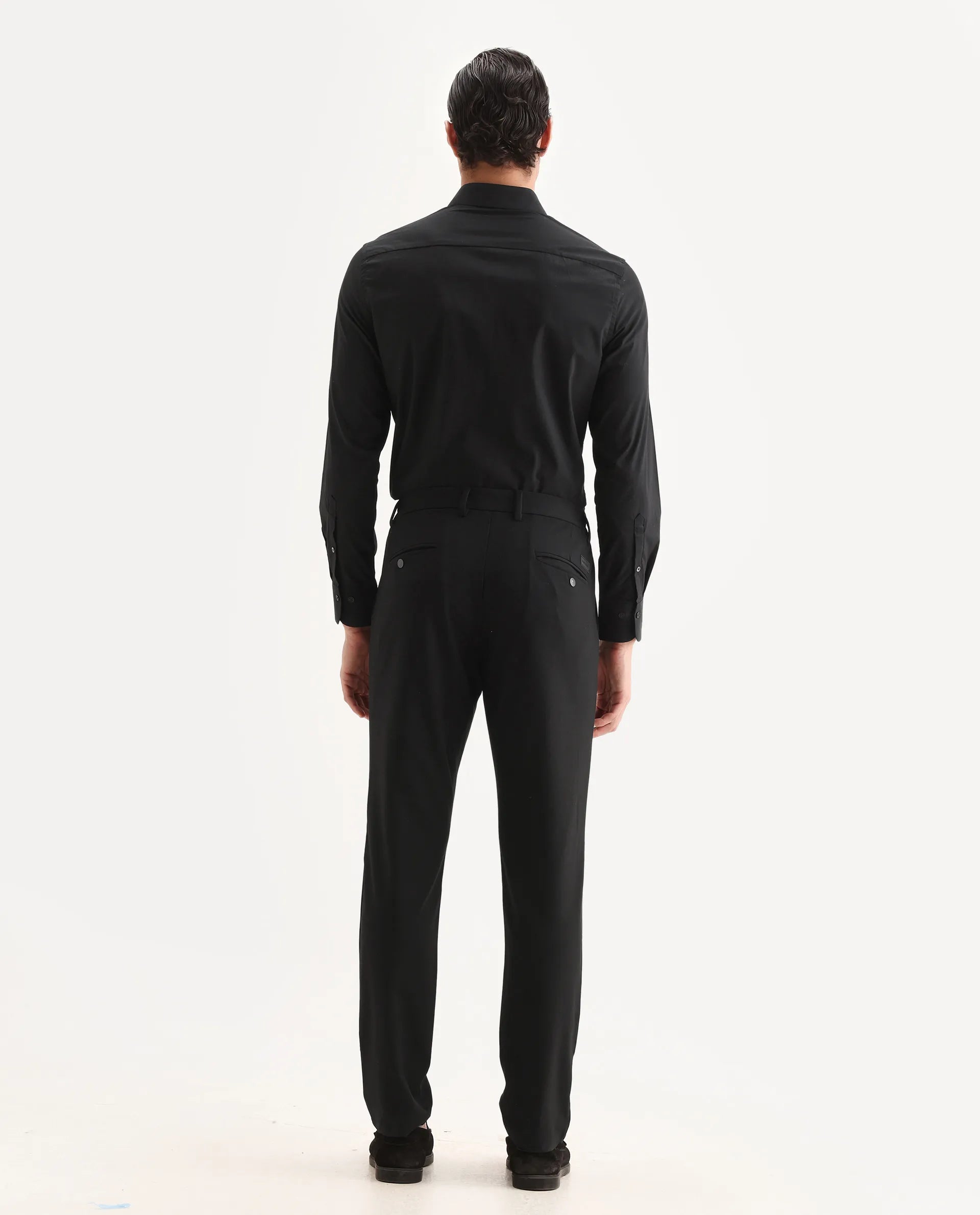 Rare Rabbit Men's Travel-11 Black Polyester Blend Plain Regular Fit Trouser