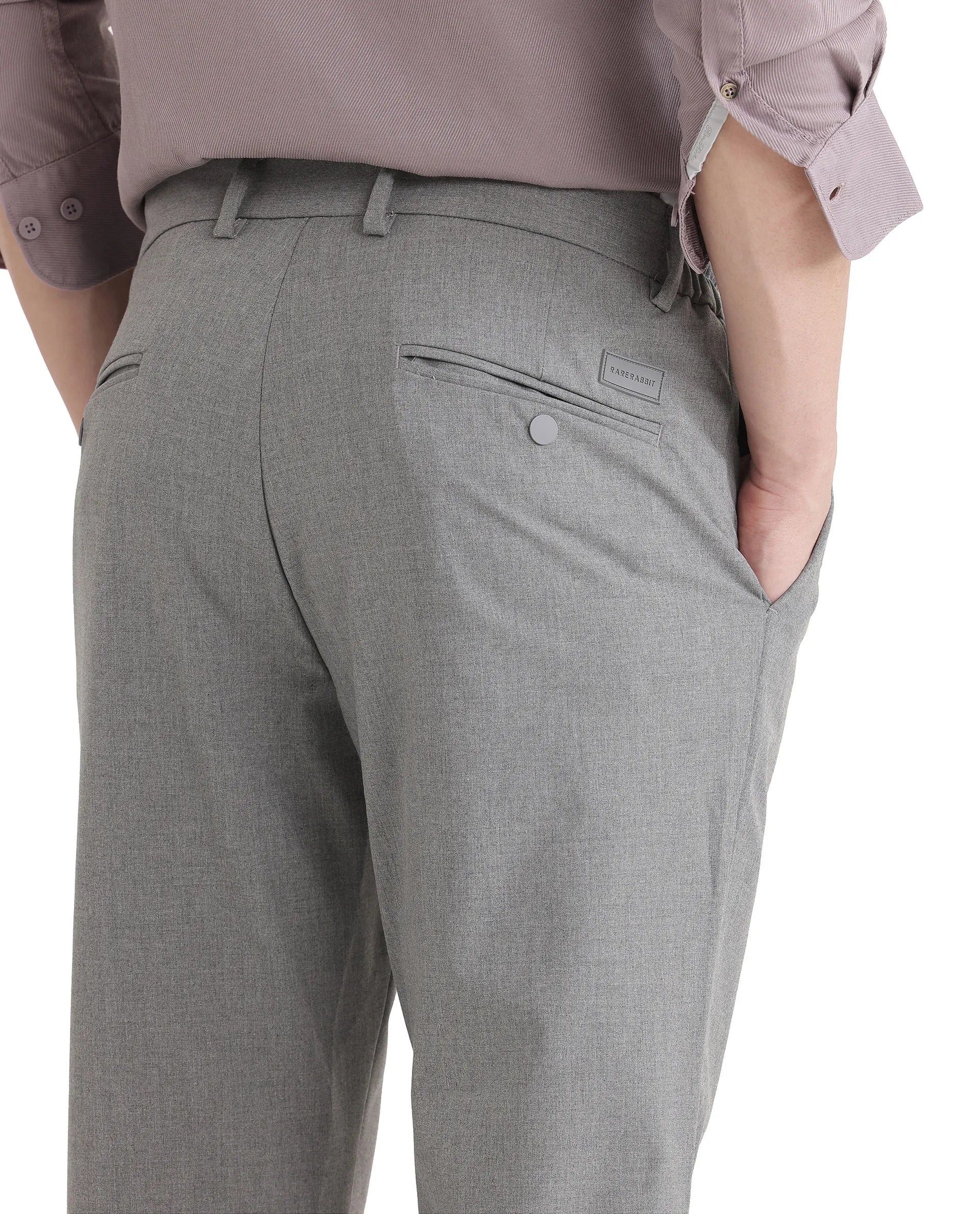 Rare Rabbit Men's Travel-11 Grey Polyester Viscose Fabric Button And Zip Closure Regular Fit Plain Trouser