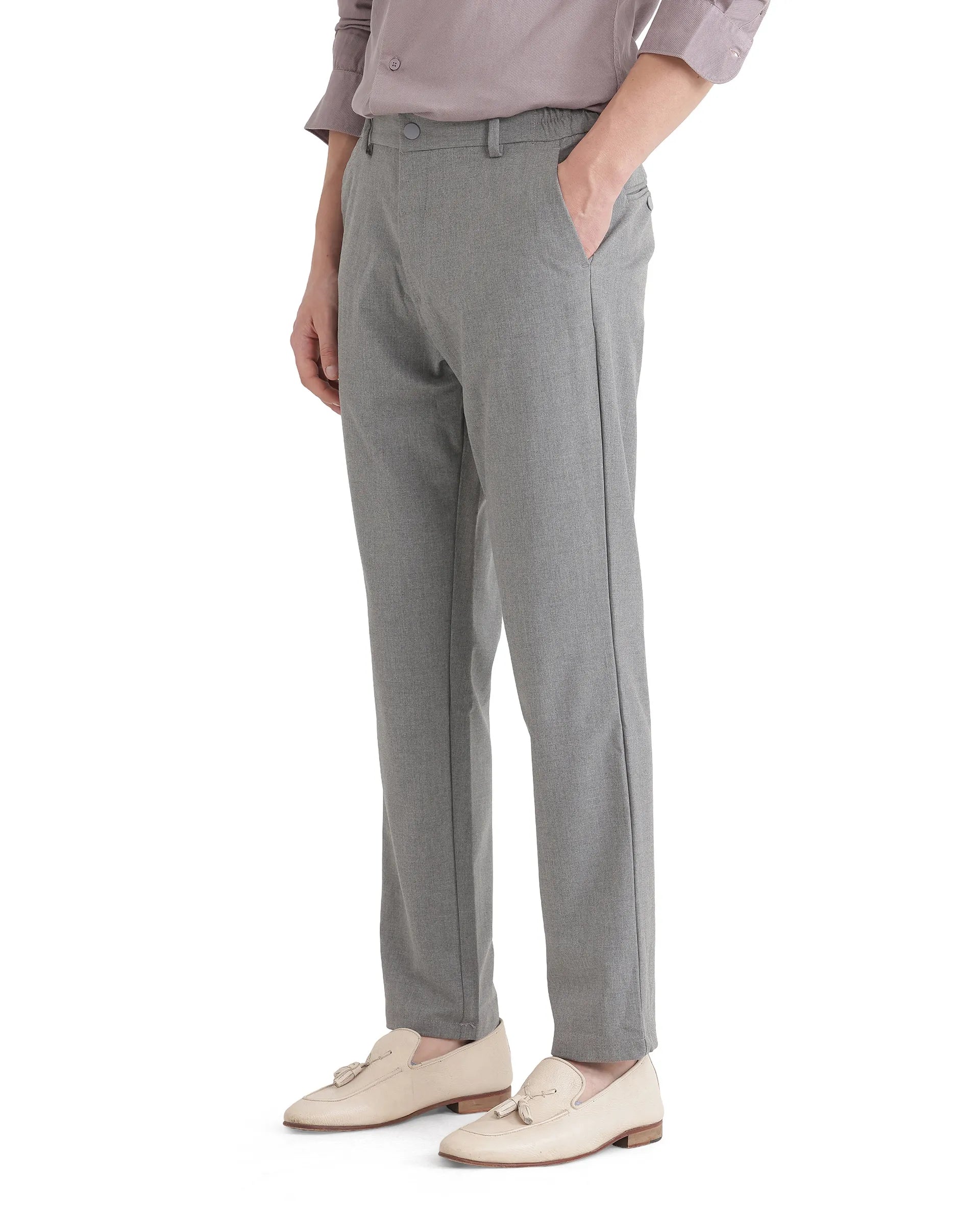 Rare Rabbit Men's Travel-11 Grey Polyester Viscose Fabric Button And Zip Closure Regular Fit Plain Trouser