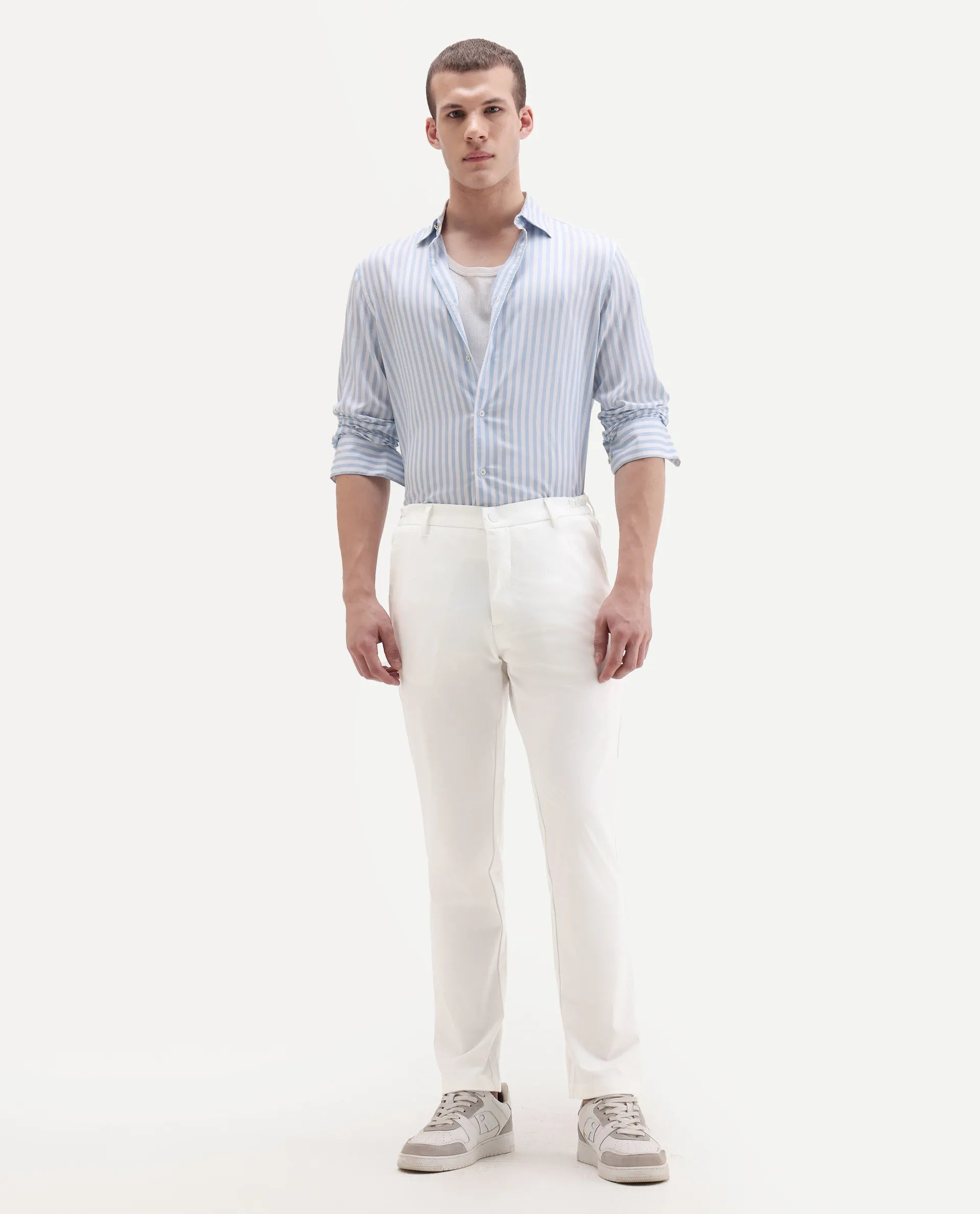 Rare Rabbit Men's Travel-11 White Polyester Blend Plain Regular Fit Trouser