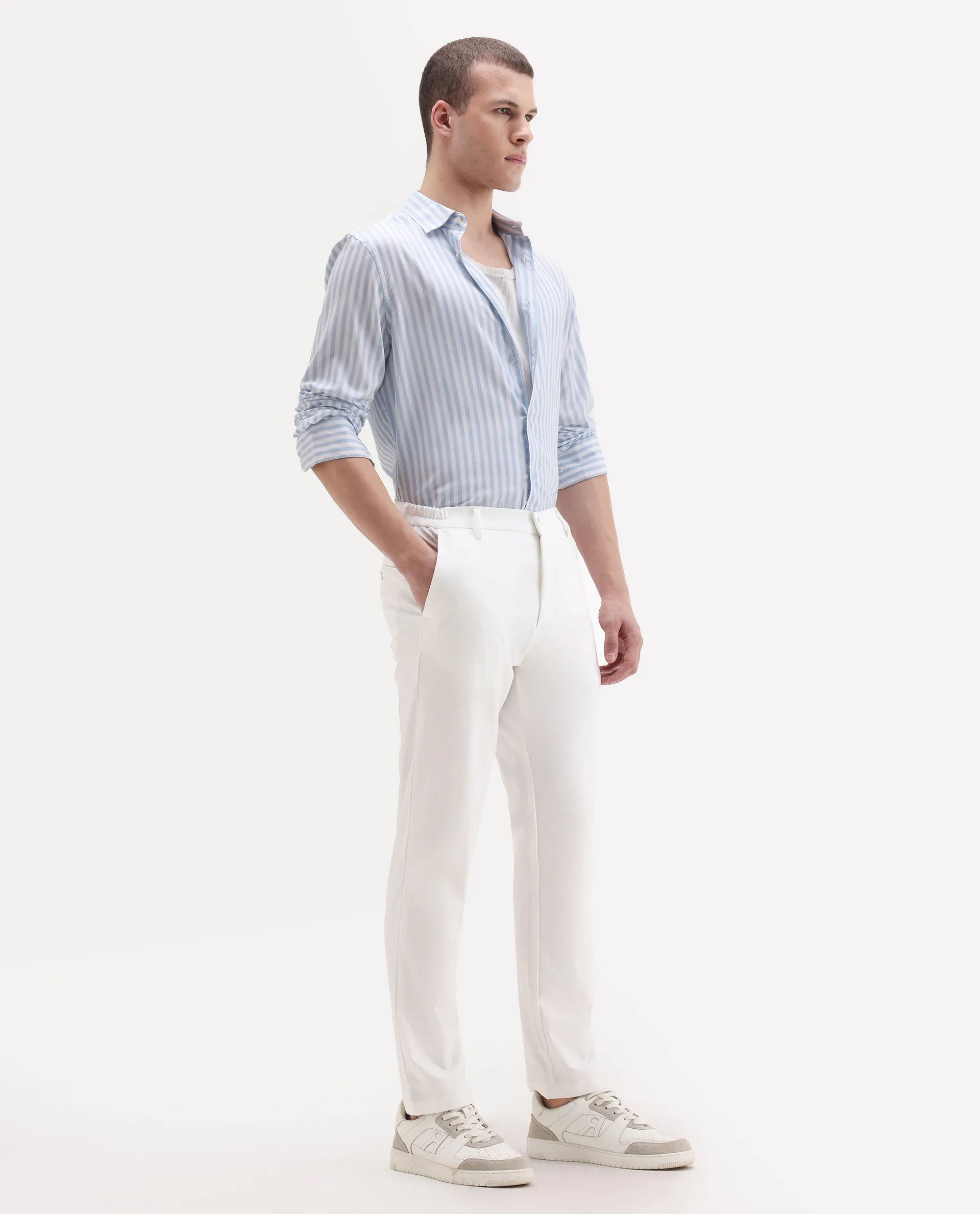 Rare Rabbit Men's Travel-11 White Polyester Blend Plain Regular Fit Trouser