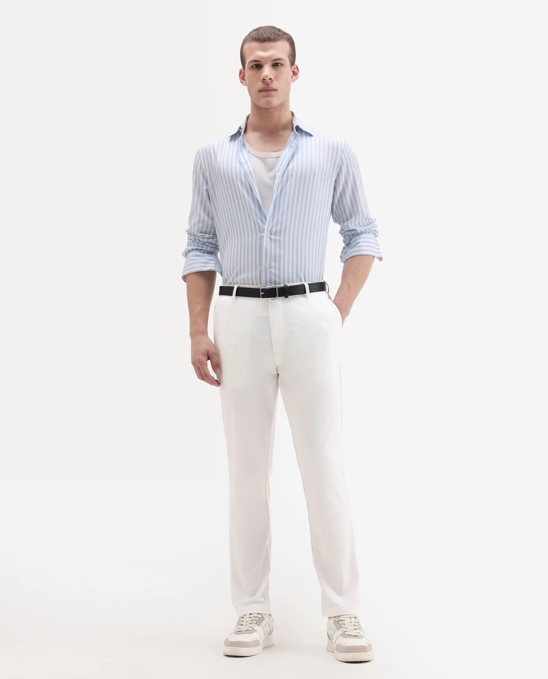 Rare Rabbit Men's Travel-11 White Polyester Blend Plain Regular Fit Trouser