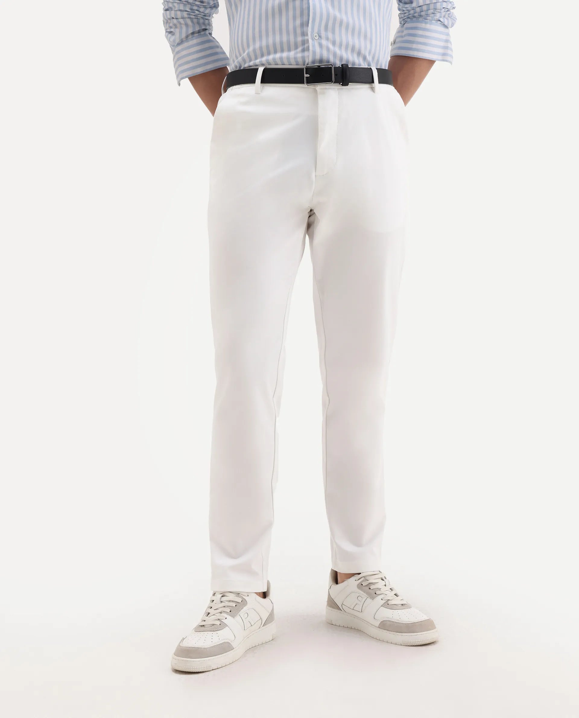 Rare Rabbit Men's Travel-11 White Polyester Blend Plain Regular Fit Trouser