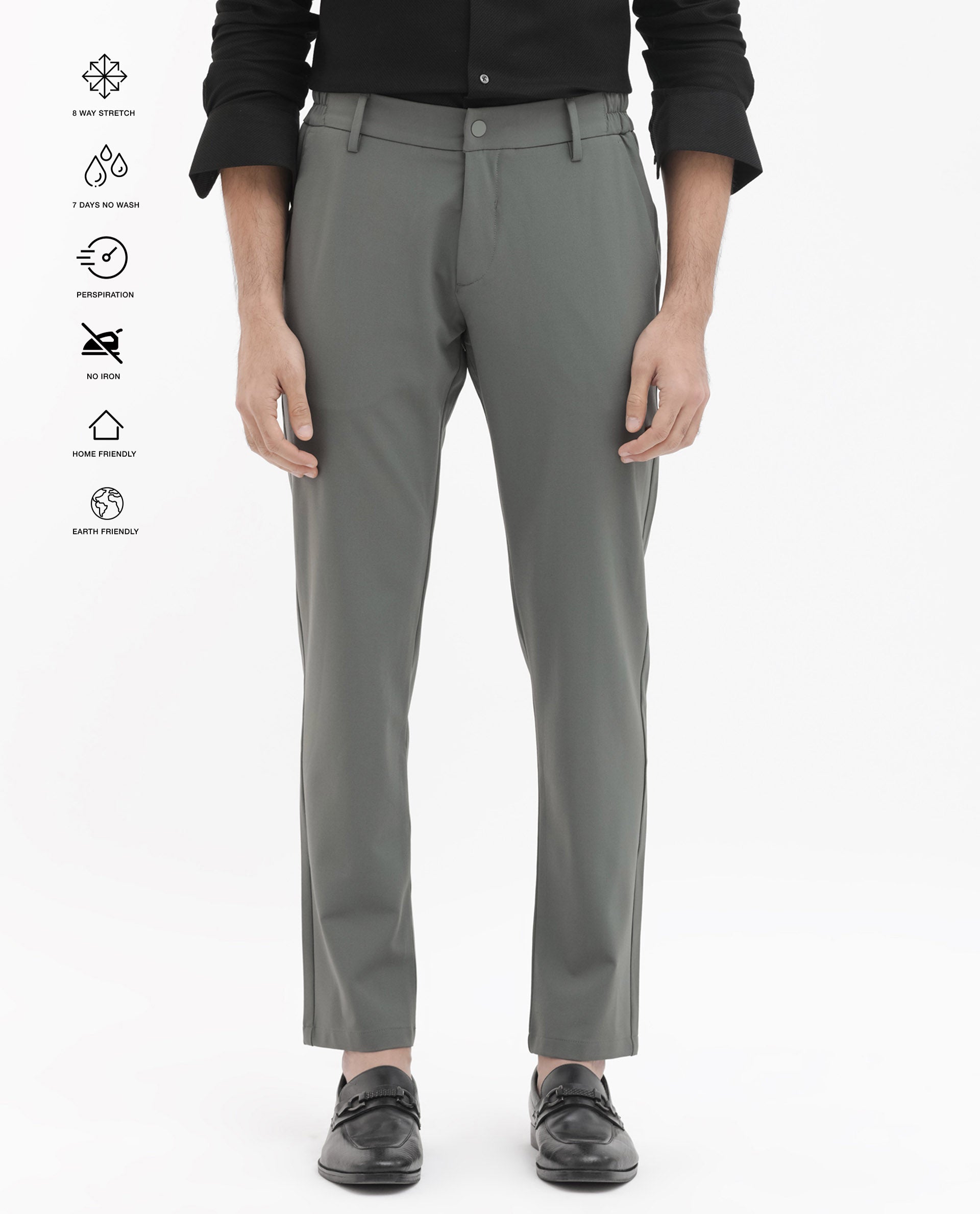 Rare Rabbit Men's Travel-24 Green Poly Viscose Lycra Fabric Blend Solid Trousers