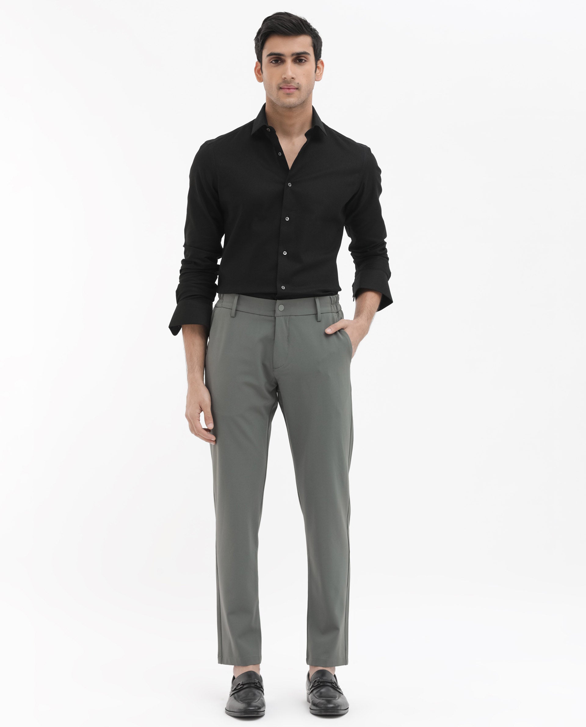 Rare Rabbit Men's Travel-24 Green Poly Viscose Lycra Fabric Blend Solid Trousers