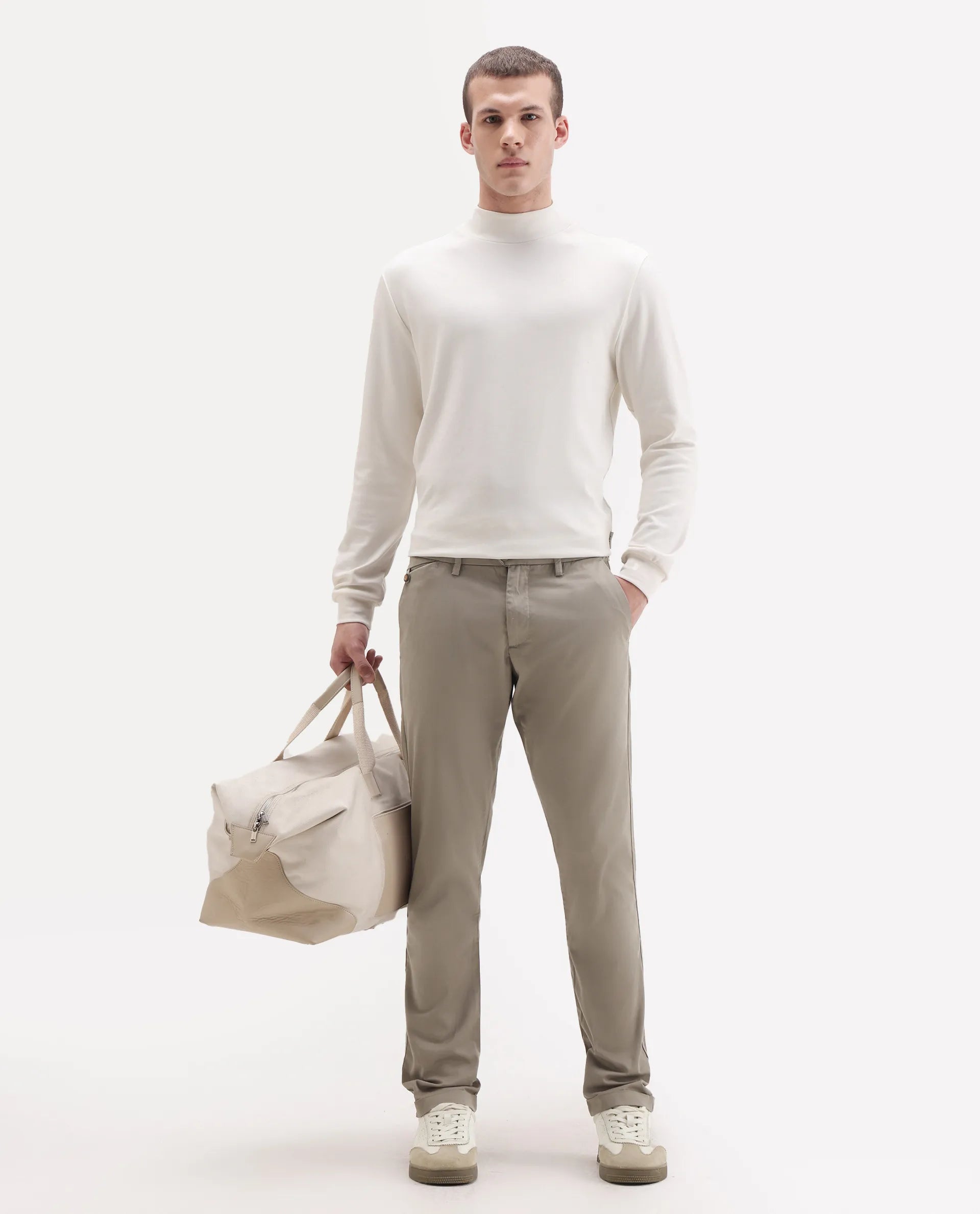 Rare Rabbit Men's Travel-24 Dark Beige Poly Viscose Lycra Fabric Blend Regular Fit Solid Trousers