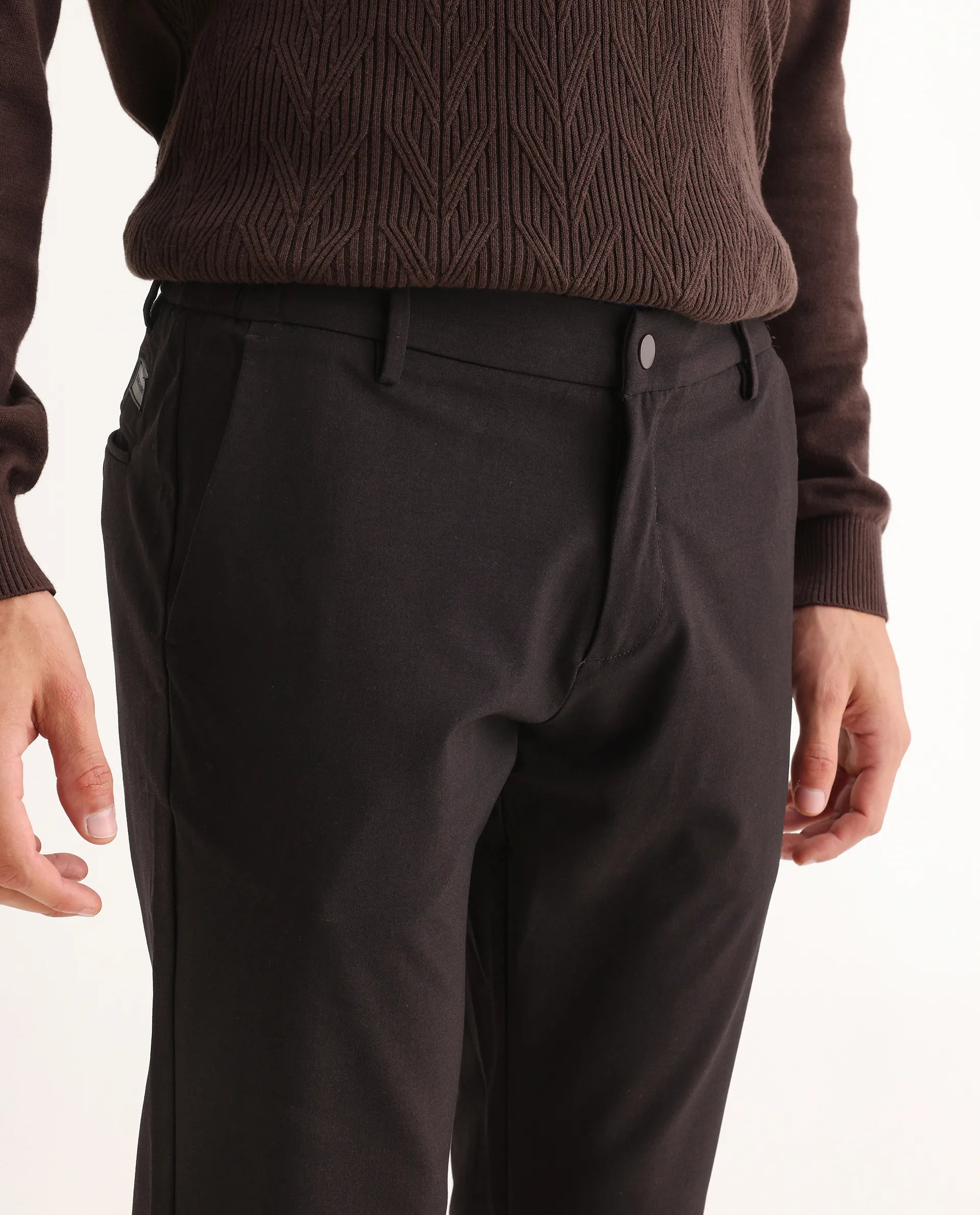 Rare Rabbit Mens Travel-24 Maroon Polyester Viscose Lycra Fabric Mid Rise Regular Fit Solid Trousers