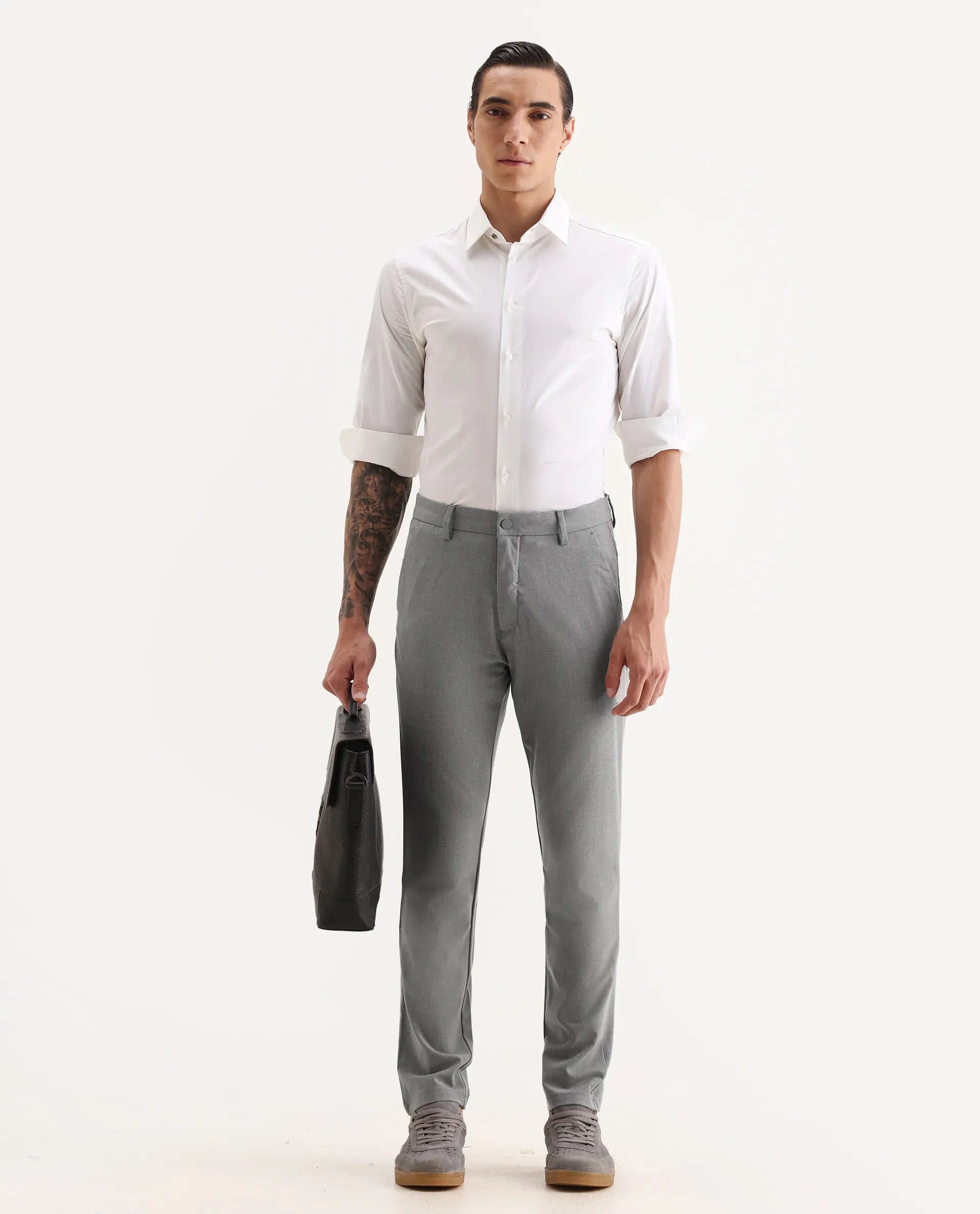 Rare Rabbit Men's Travel-25 Grey Polyester Blend Plain Regular Fit Trouser