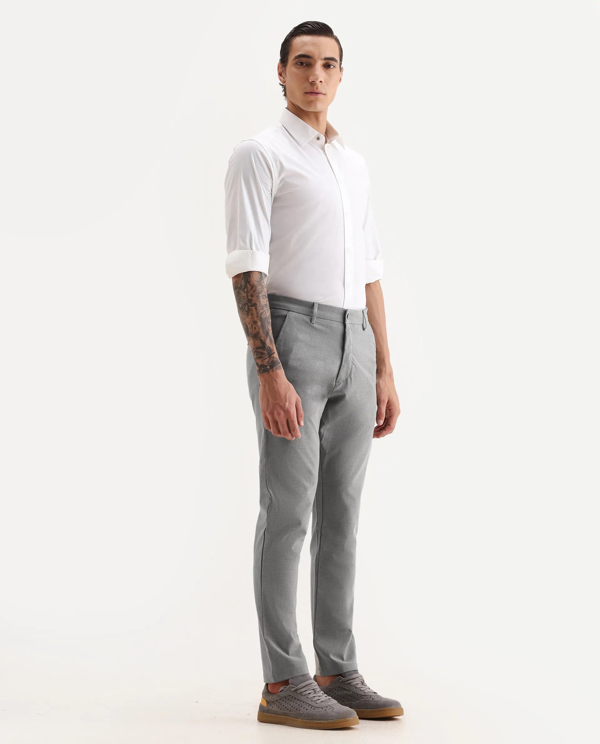 Rare Rabbit Men's Travel-25 Grey Polyester Blend Plain Regular Fit Trouser