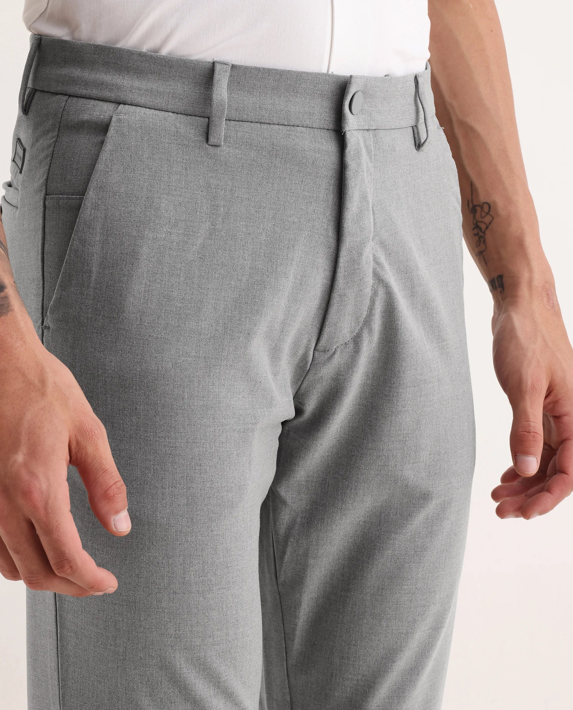 Rare Rabbit Men's Travel-25 Grey Polyester Blend Plain Regular Fit Trouser