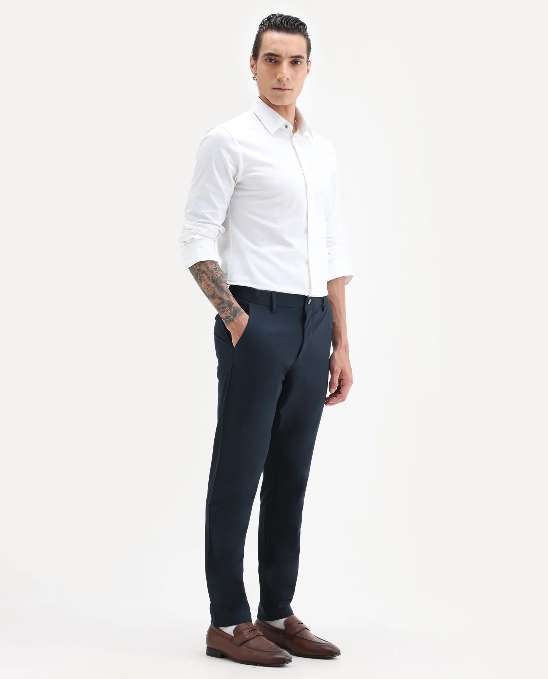 Rare Rabbit Men's Travel-25 Navy Polyester Blend Plain Regular Fit Trouser