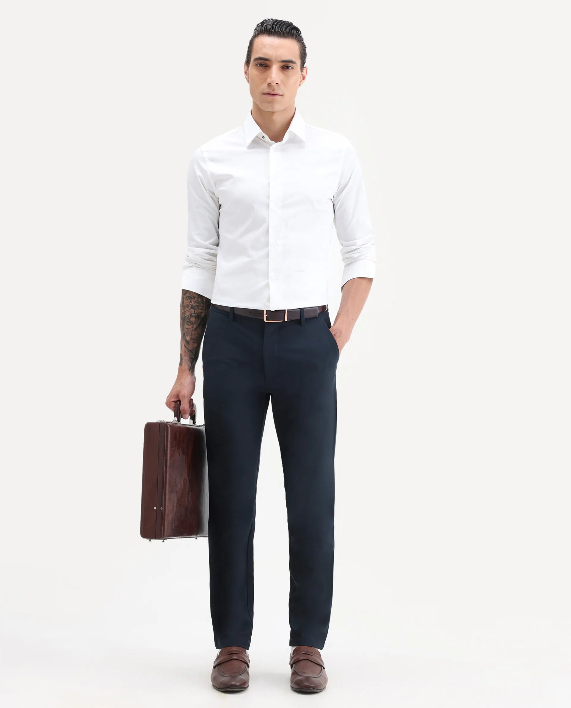 Rare Rabbit Men's Travel-25 Navy Polyester Blend Plain Regular Fit Trouser