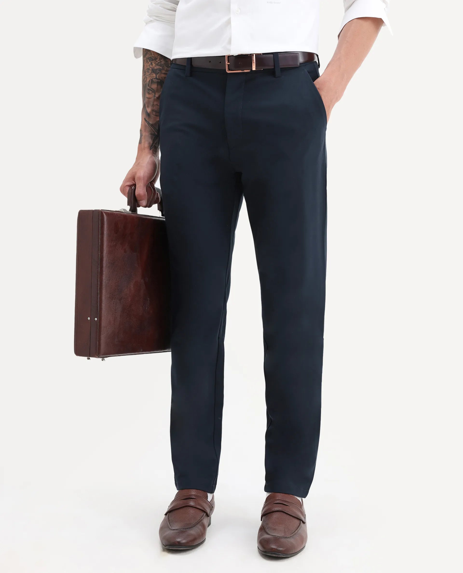 Rare Rabbit Men's Travel-25 Navy Polyester Blend Plain Regular Fit Trouser