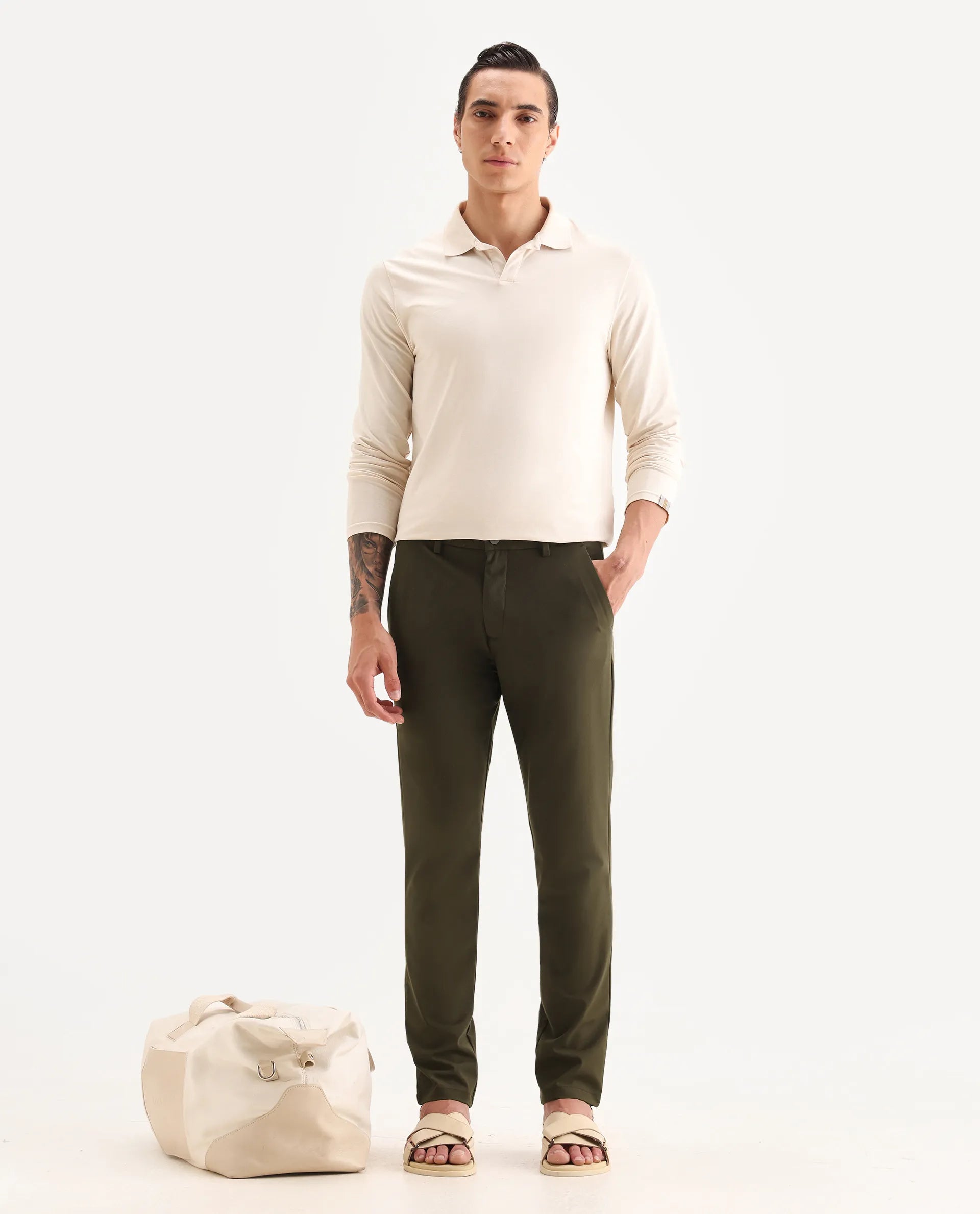 Rare Rabbit Men's Travel-25 Olive Polyester Blend Plain Regular Fit Trouser