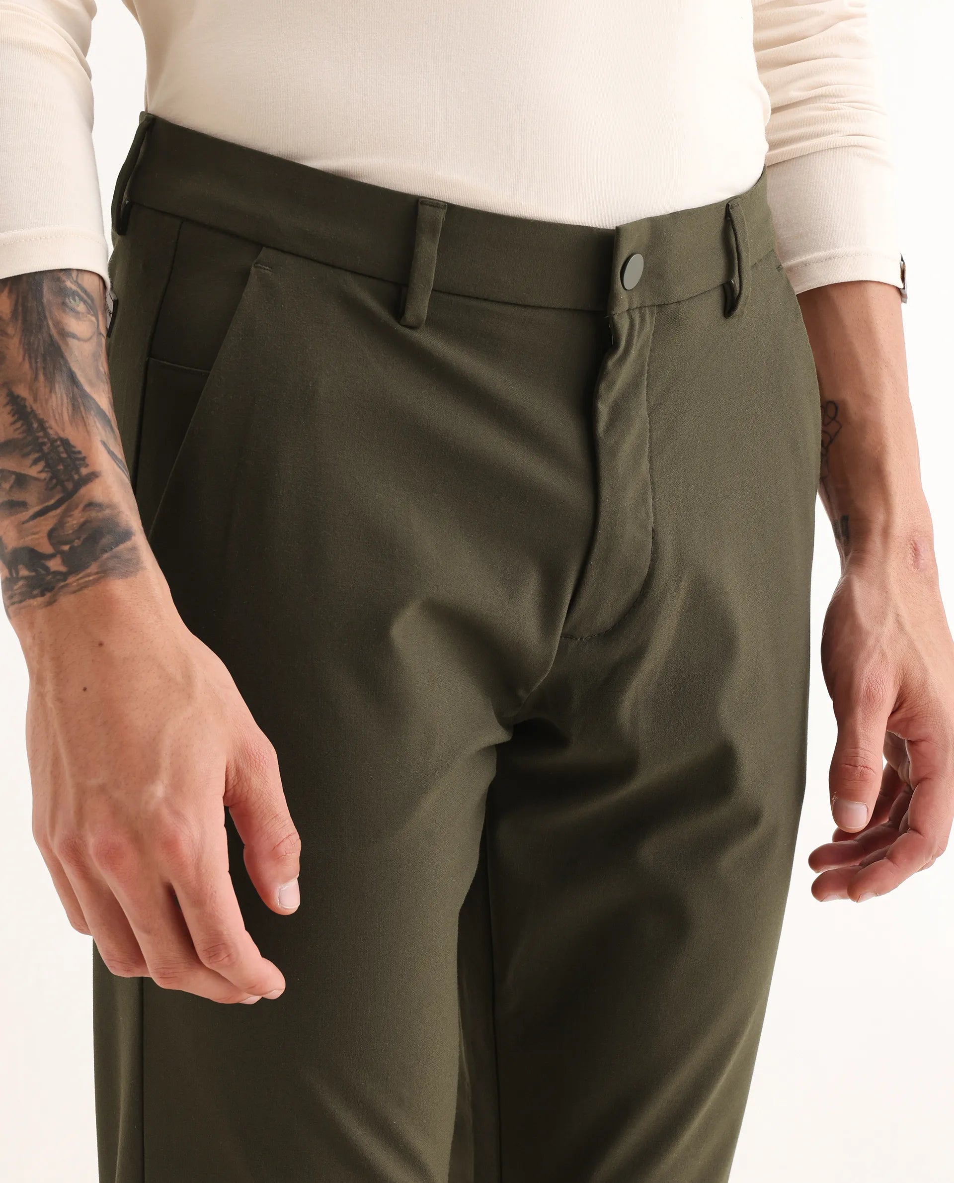Rare Rabbit Men's Travel-25 Olive Polyester Blend Plain Regular Fit Trouser