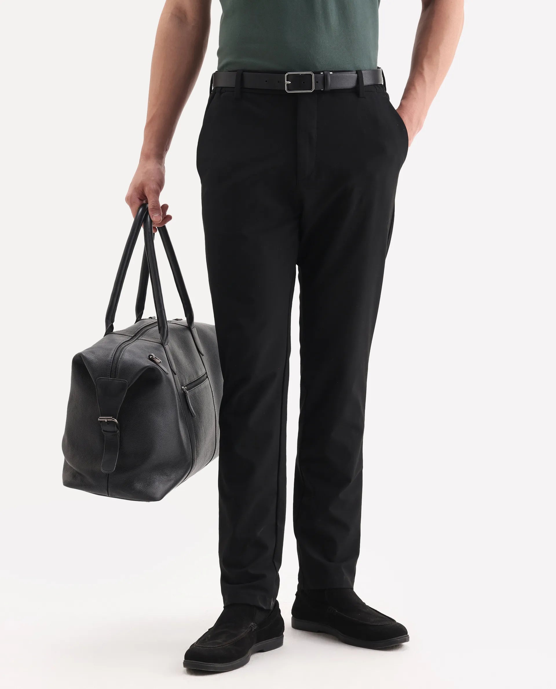 Rare Rabbit Men's Travel 26 Black Polyester Blend Plain Regular Fit Trouser