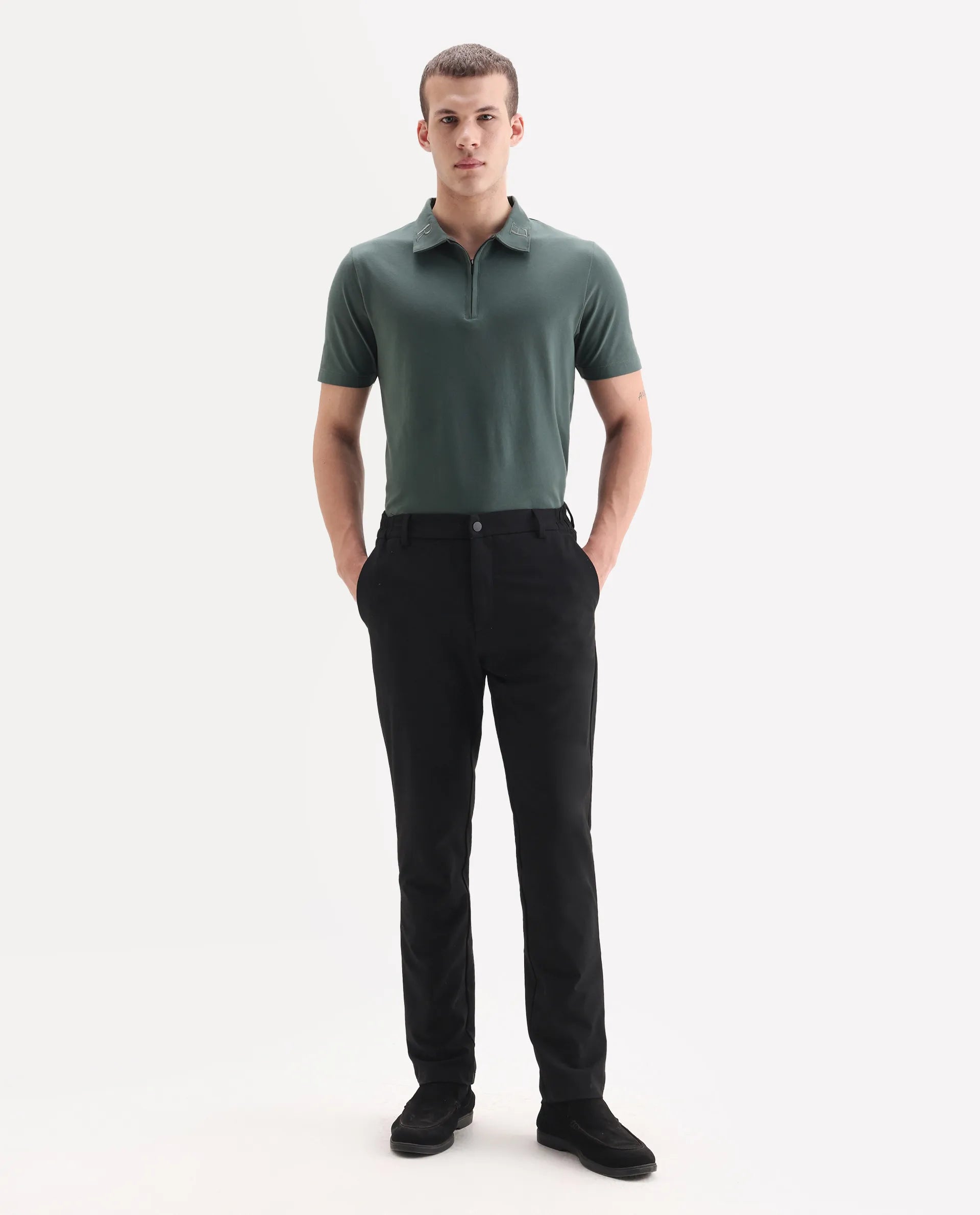 Rare Rabbit Men's Travel 26 Black Polyester Blend Plain Regular Fit Trouser