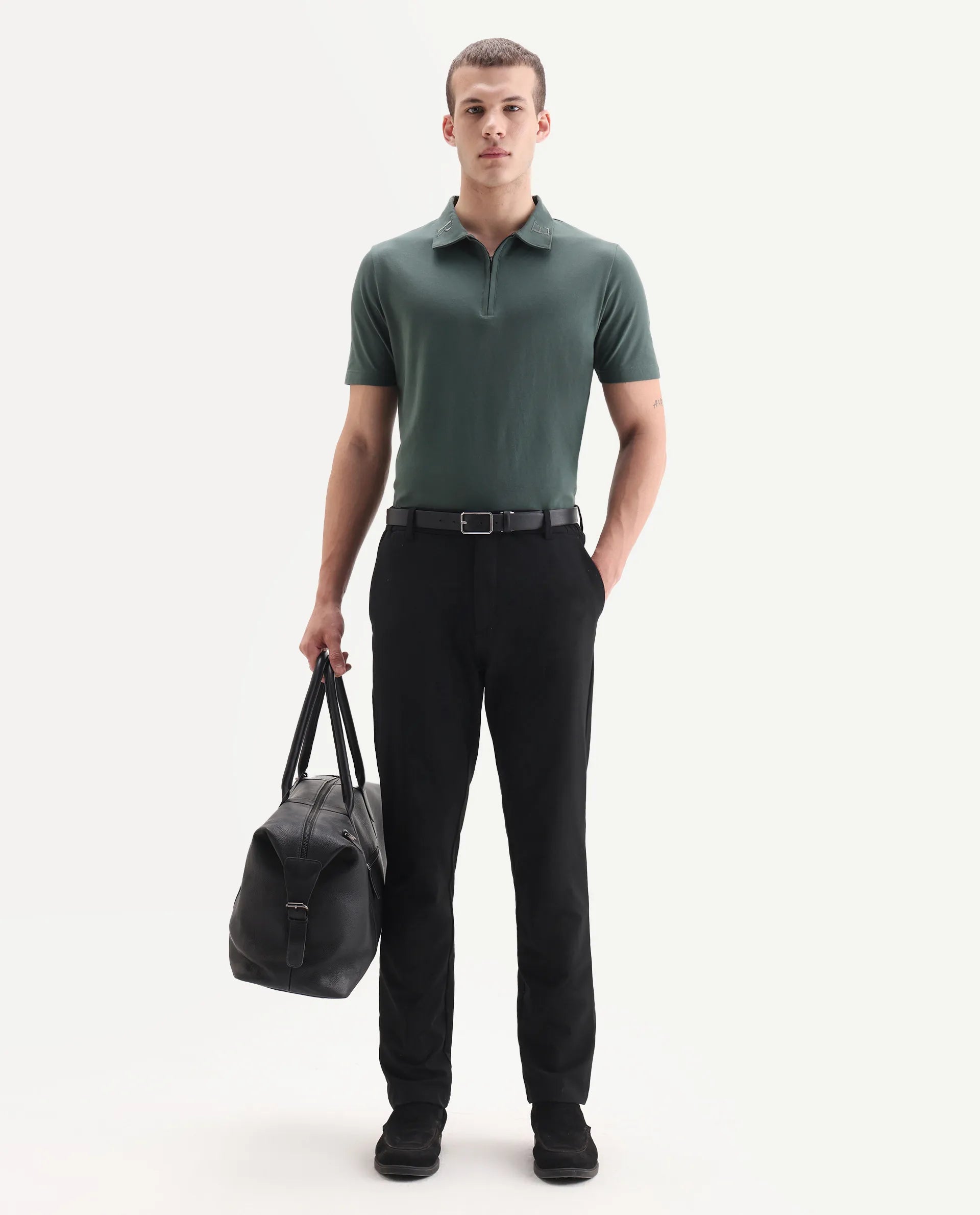 Rare Rabbit Men's Travel 26 Black Polyester Blend Plain Regular Fit Trouser