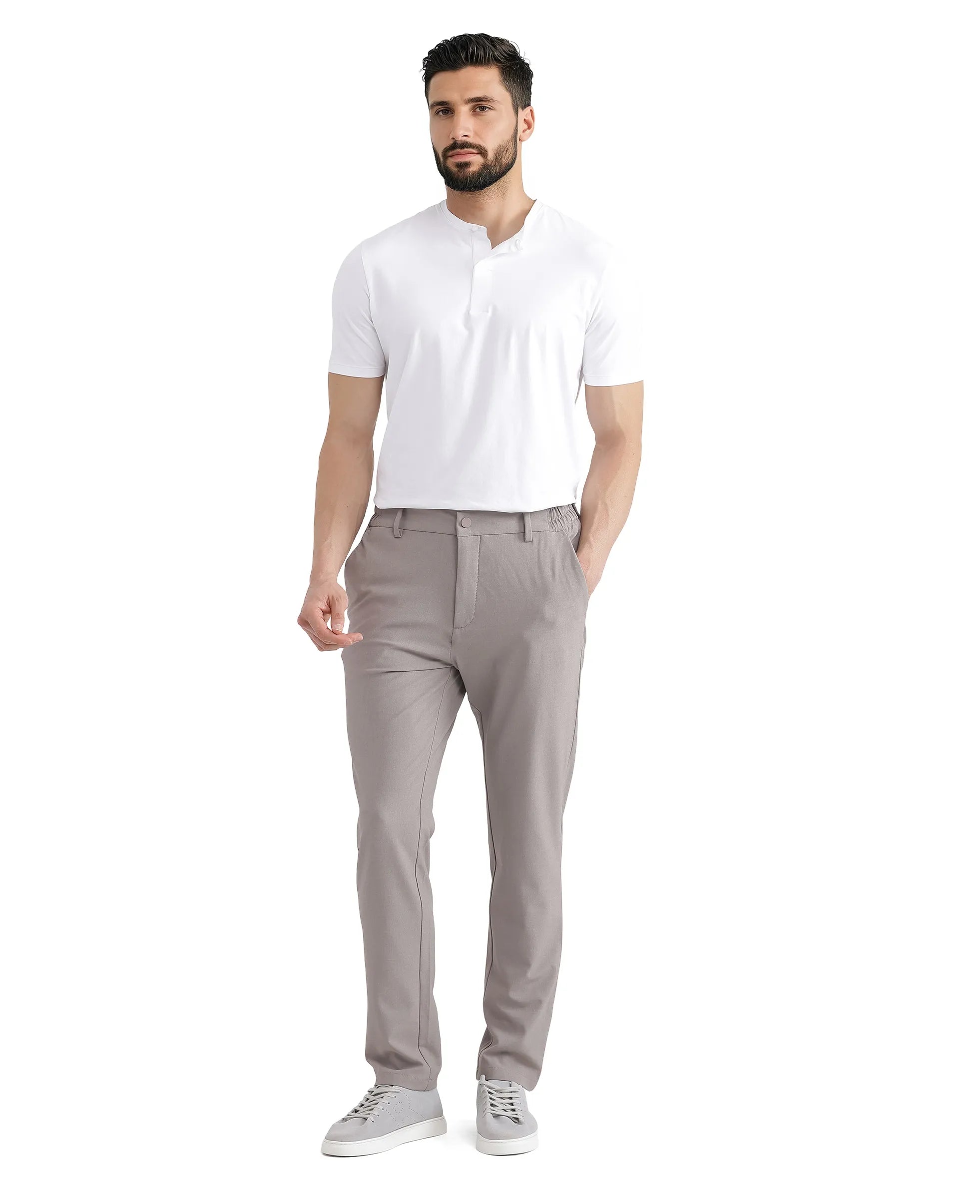 Rare Rabbit Men Travel-26 Dark Beige Cotton Elastane Fabric Button And Zip Closure Plain Trouser