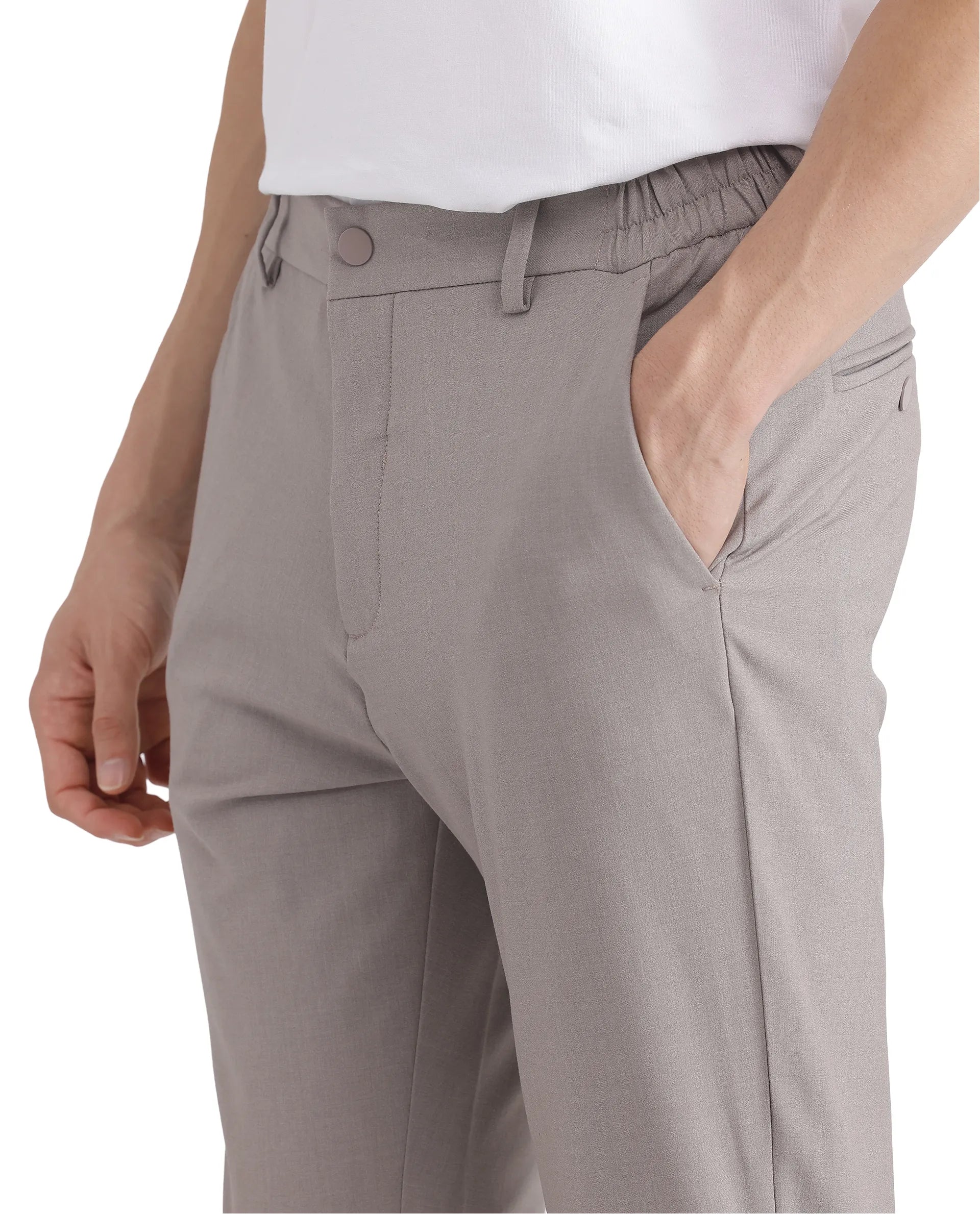 Rare Rabbit Men Travel-26 Dark Beige Cotton Elastane Fabric Button And Zip Closure Plain Trouser